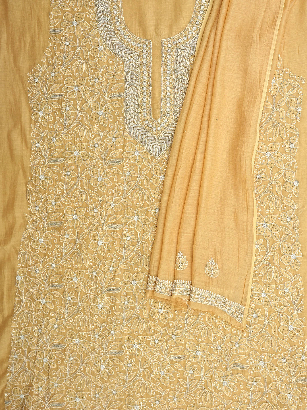 Ada Hand Embroidered Peach Chanderi Lucknowi Chikankari Unstitched Kurta Dupatta Set With Pearl Work 01A525362