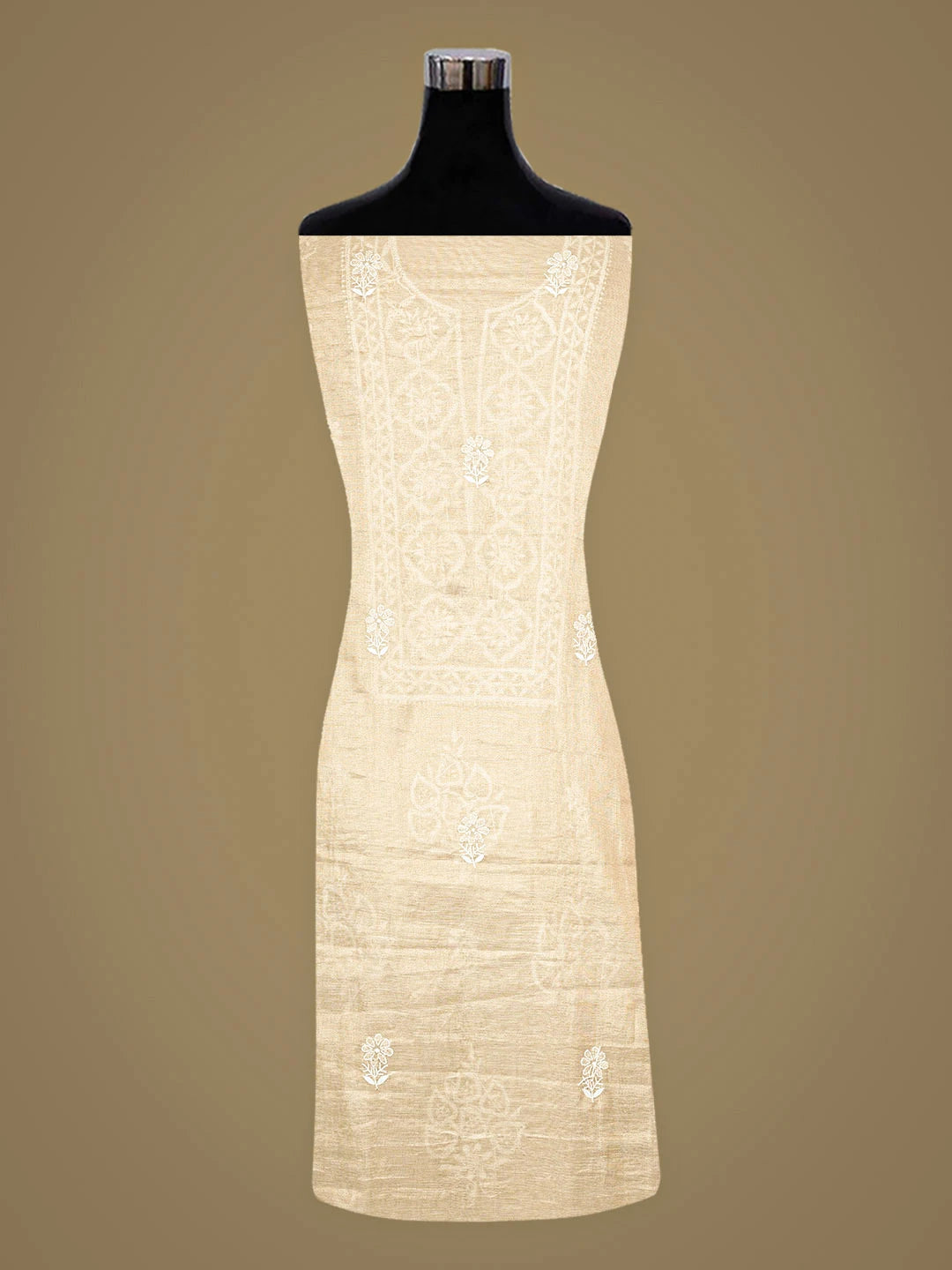 Ada Hand Embroidered Fawn Tissue Lucknowi Chikankari Unstitched Kurta Dupatta Set 01A912342