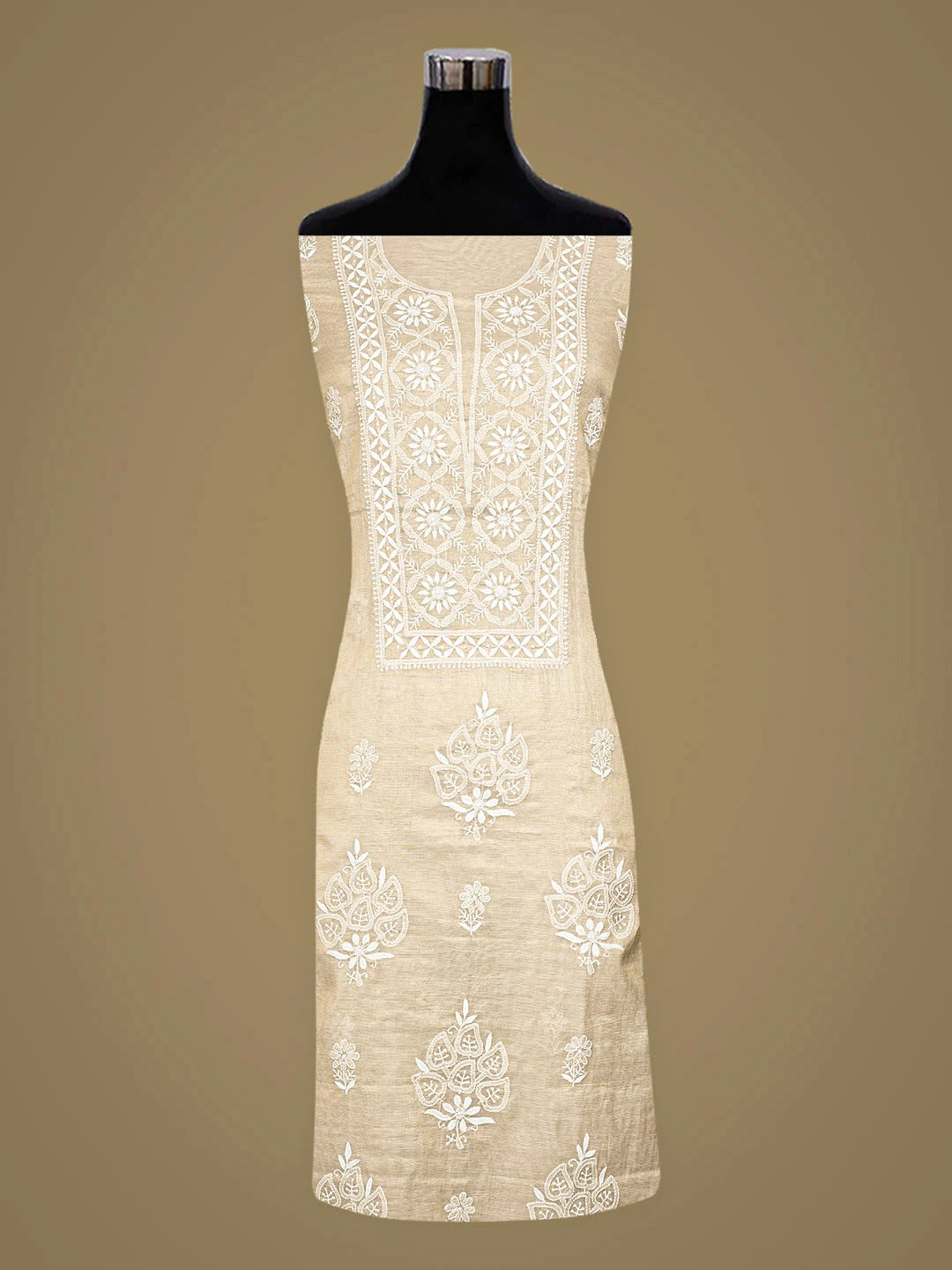 Ada Hand Embroidered Fawn Tissue Lucknowi Chikankari Unstitched Kurta Dupatta Set 01A912342