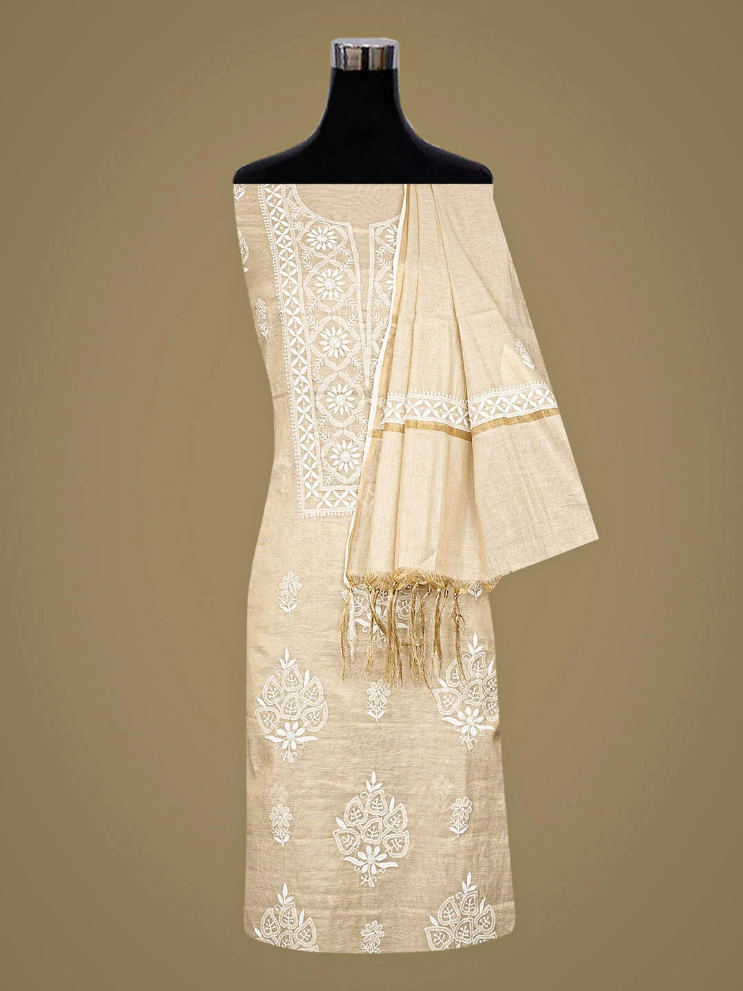 Ada Hand Embroidered Fawn Tissue Lucknowi Chikankari Unstitched Kurta Dupatta Set 01A912342