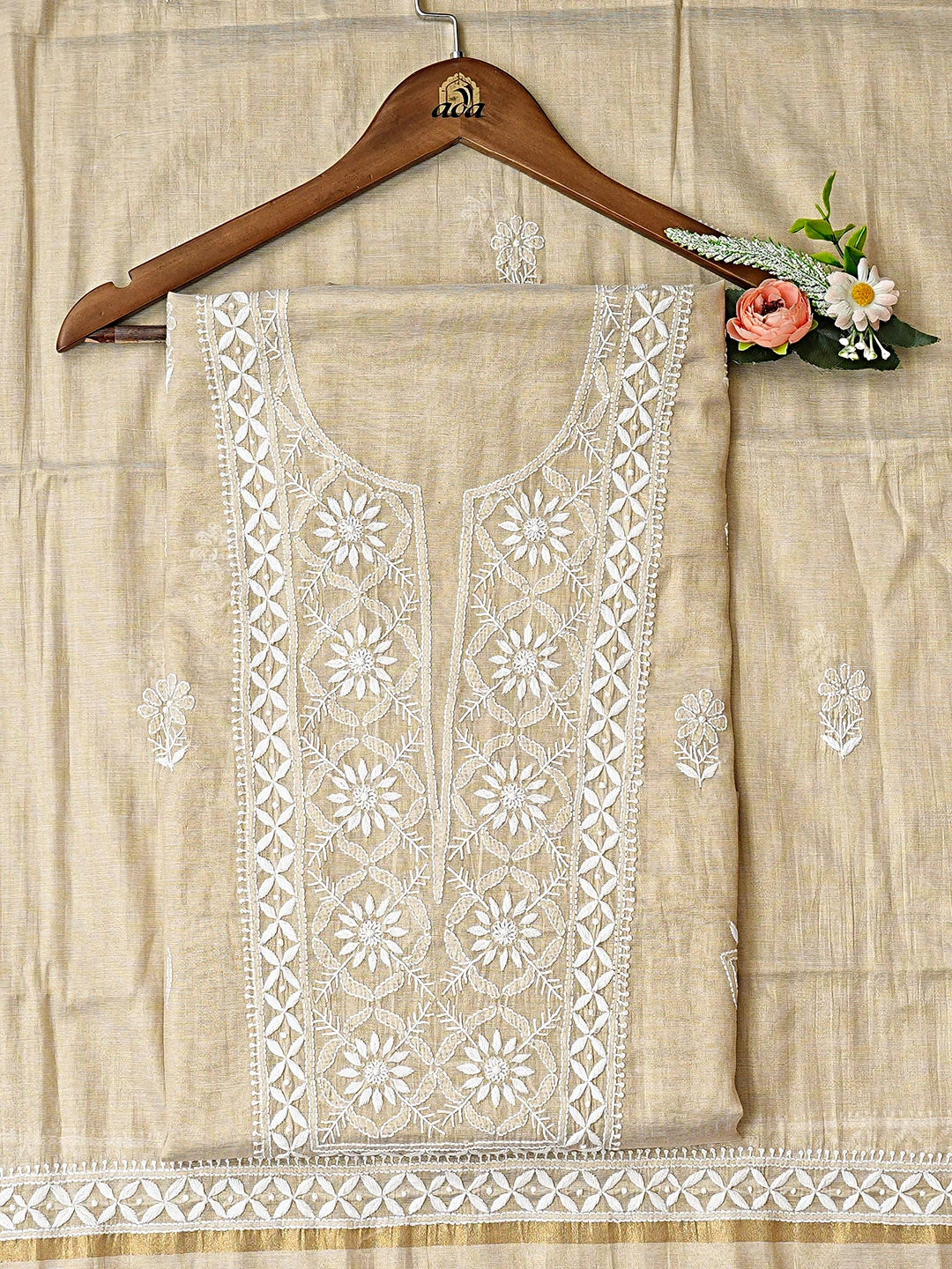 Ada Hand Embroidered Fawn Tissue Lucknowi Chikankari Unstitched Kurta Dupatta Set 01A912342