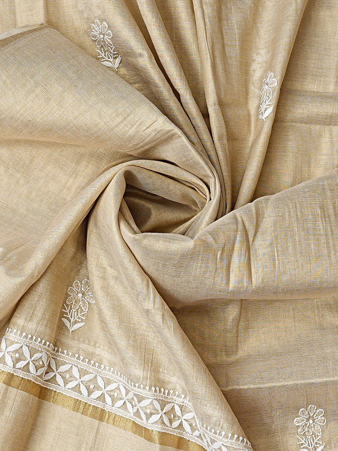 Ada Hand Embroidered Fawn Tissue Lucknowi Chikankari Unstitched Kurta Dupatta Set 01A912342