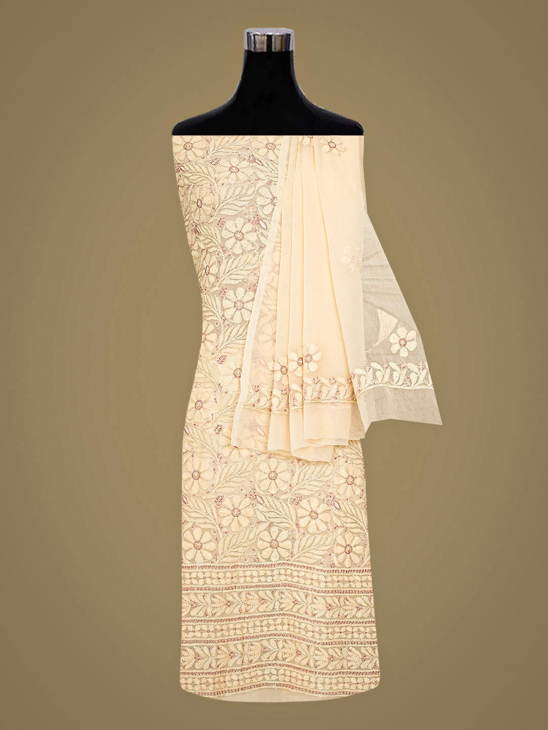 Ada Hand Embroidered Light Peach Georgette Lucknowi Chikankari Unstitched Suit Piece 01A884050