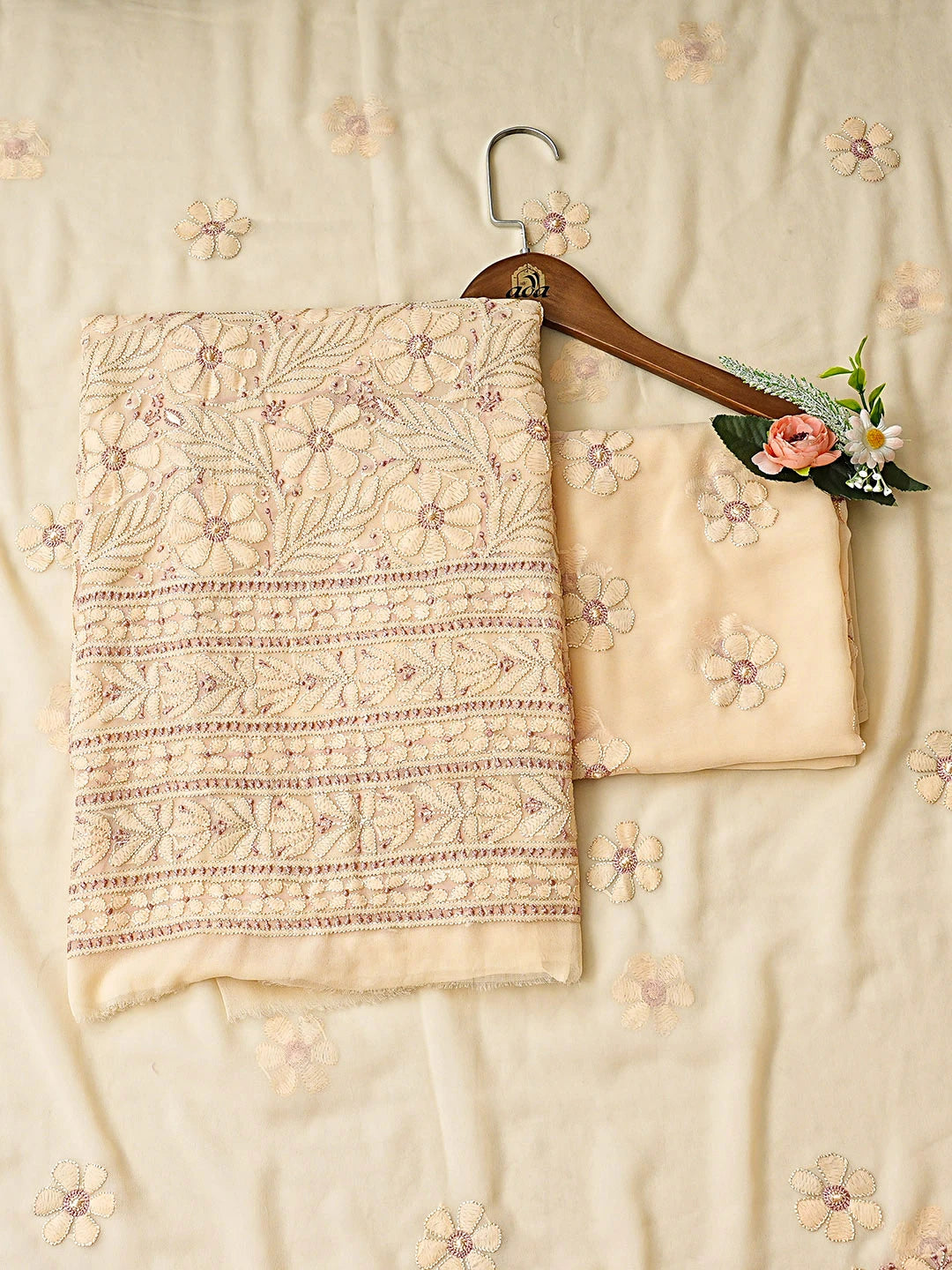 Ada Hand Embroidered Light Peach Georgette Lucknowi Chikankari Unstitched Suit Piece 01A884050