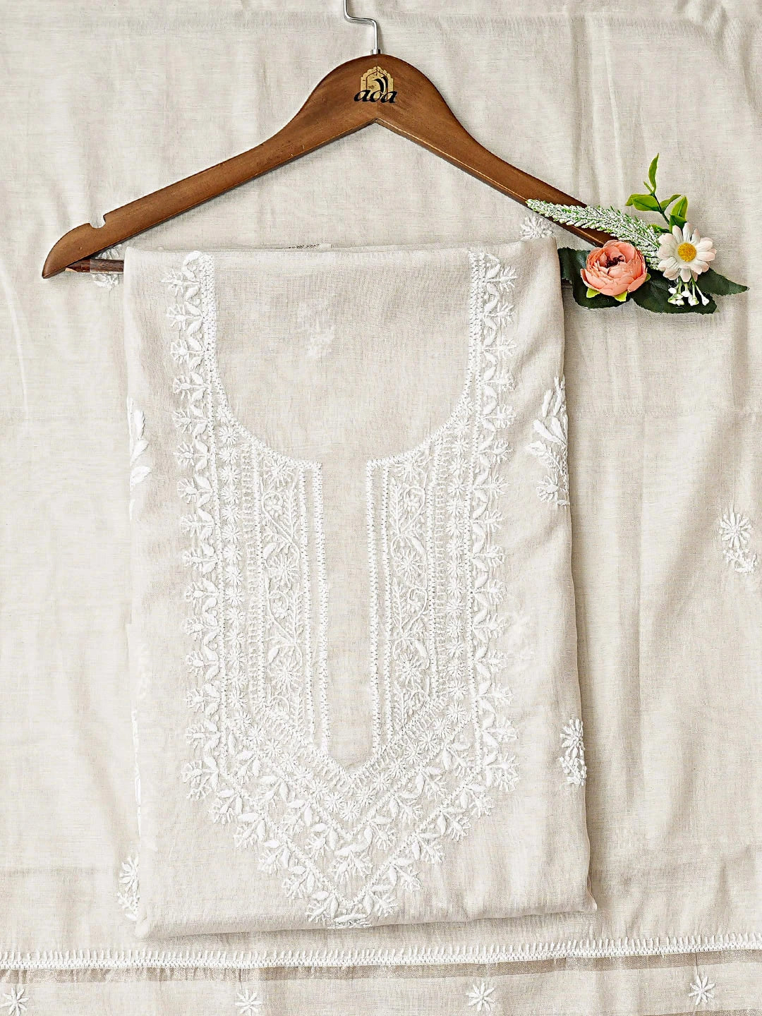 Ada Hand Embroidered Light Grey Tissue Lucknowi Chikankari Unstitched Kurta Dupatta Set 01A899290