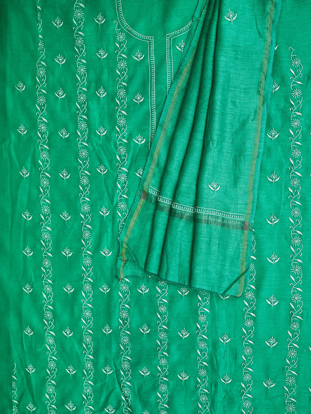 Ada Hand Embroidered Rama Green Chanderi Lucknowi Chikankari Kurta Dupatta Set 01A907310