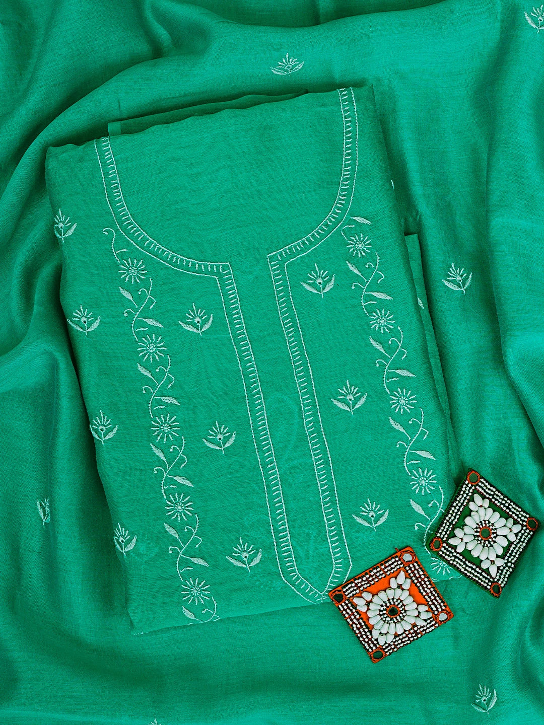 Ada Hand Embroidered Rama Green Chanderi Lucknowi Chikankari Kurta Dupatta Set 01A907310