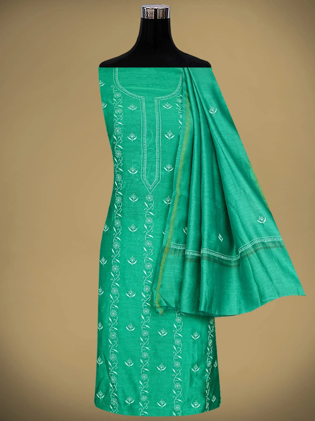 Ada Hand Embroidered Rama Green Chanderi Lucknowi Chikankari Kurta Dupatta Set 01A907310