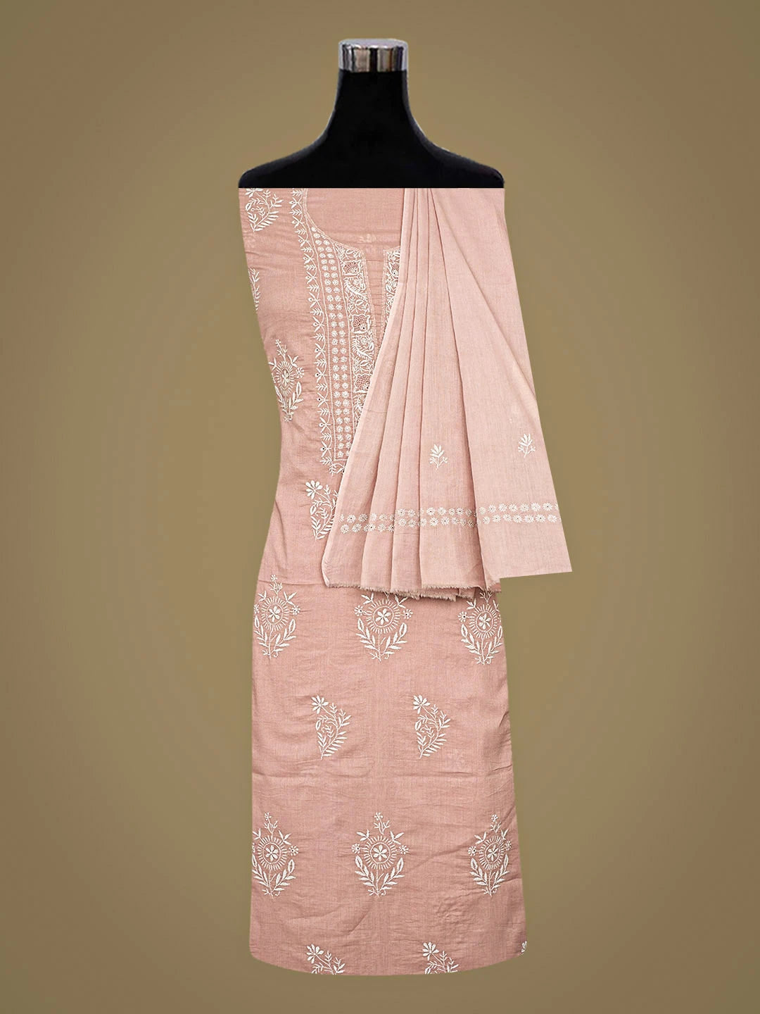 Ada Hand Embroidered Dusty Pink Cotton Lucknowi Chikankari Unstitched Kurta Dupatta Set 01A426527