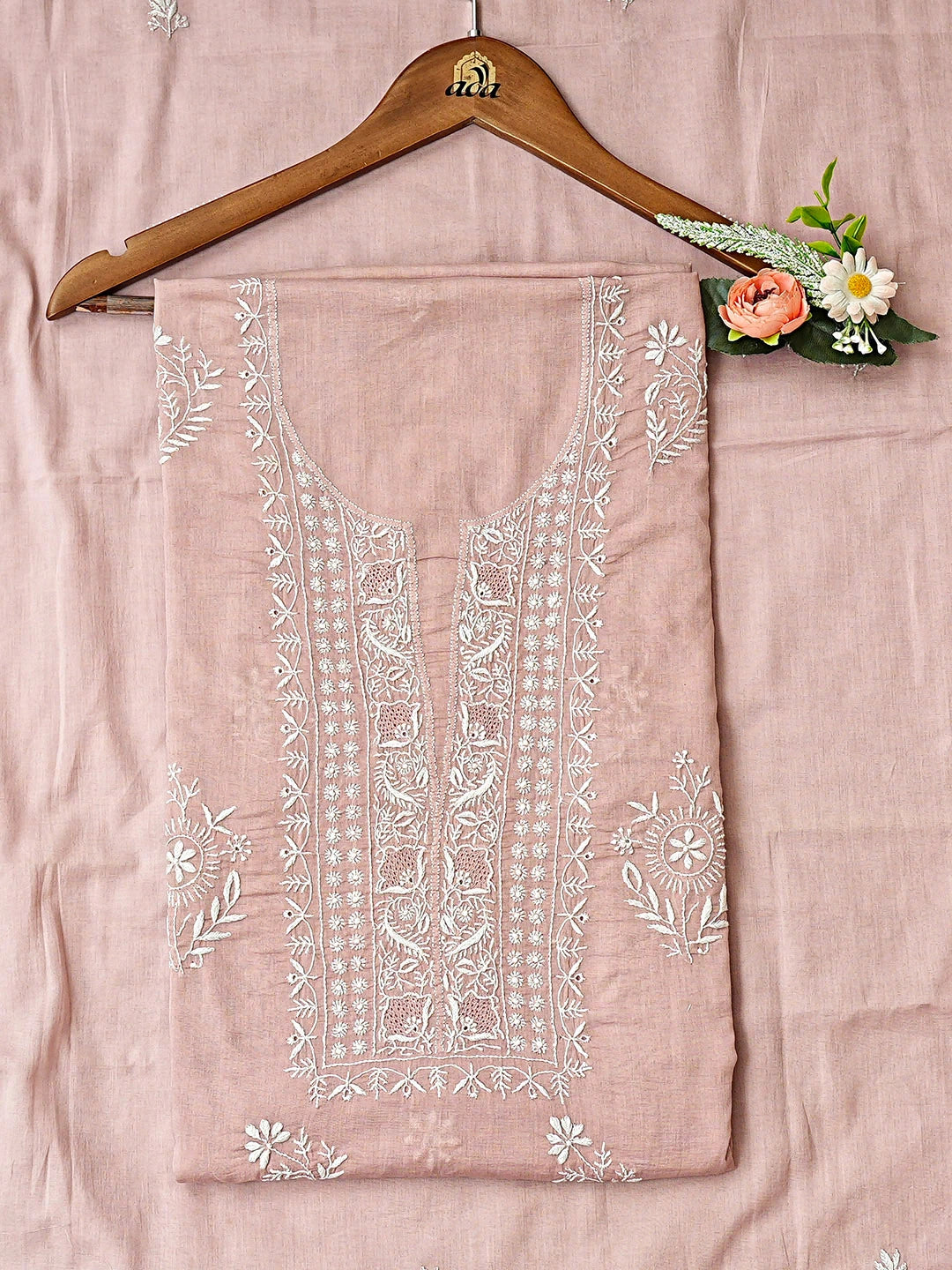 Ada Hand Embroidered Dusty Pink Cotton Lucknowi Chikankari Unstitched Kurta Dupatta Set 01A426527