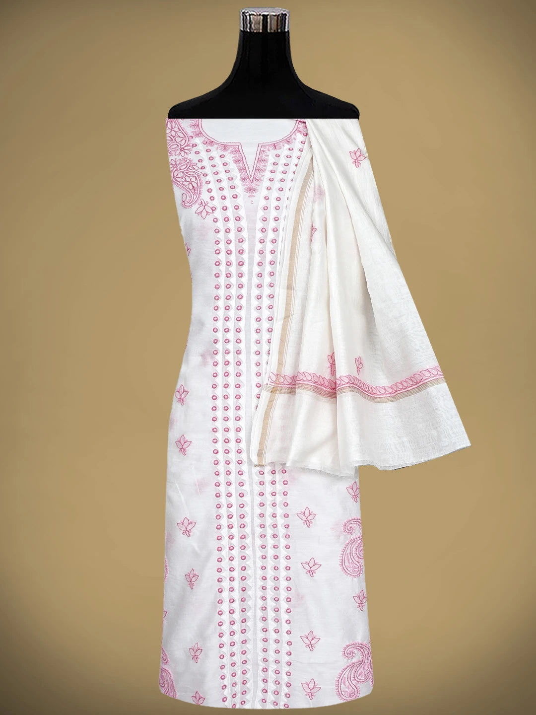 Ada Hand Embroidered White Chanderi Lucknowi Chikankari Unstitched Kurta Dupatta Set 01A904778