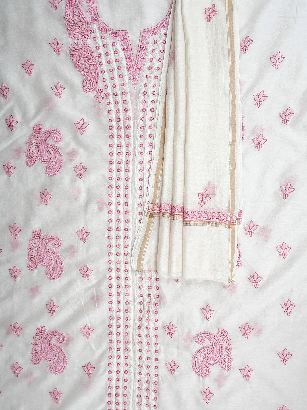 Ada Hand Embroidered White Chanderi Lucknowi Chikankari Unstitched Kurta Dupatta Set 01A904778