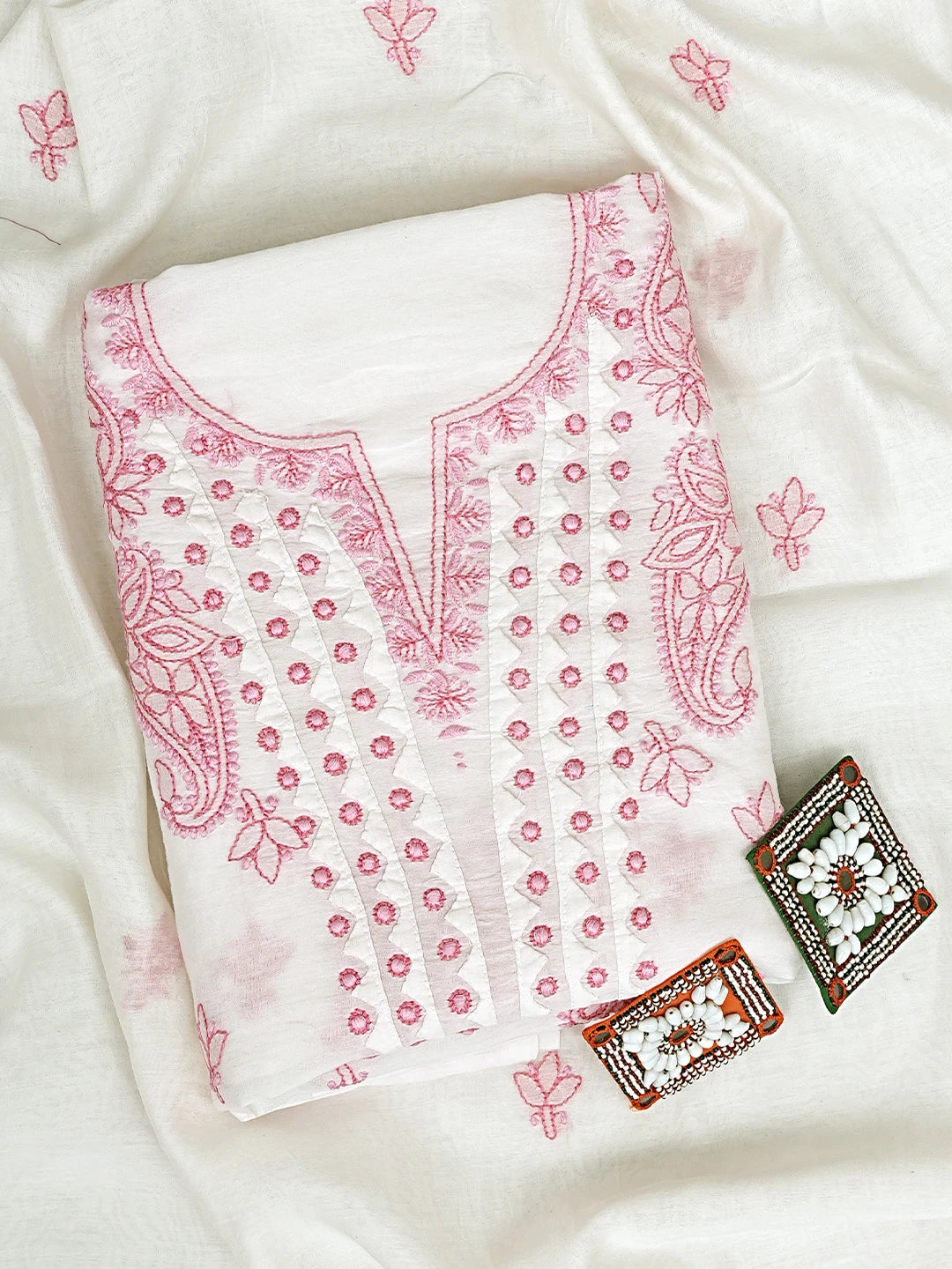 Ada Hand Embroidered White Chanderi Lucknowi Chikankari Unstitched Kurta Dupatta Set 01A904778