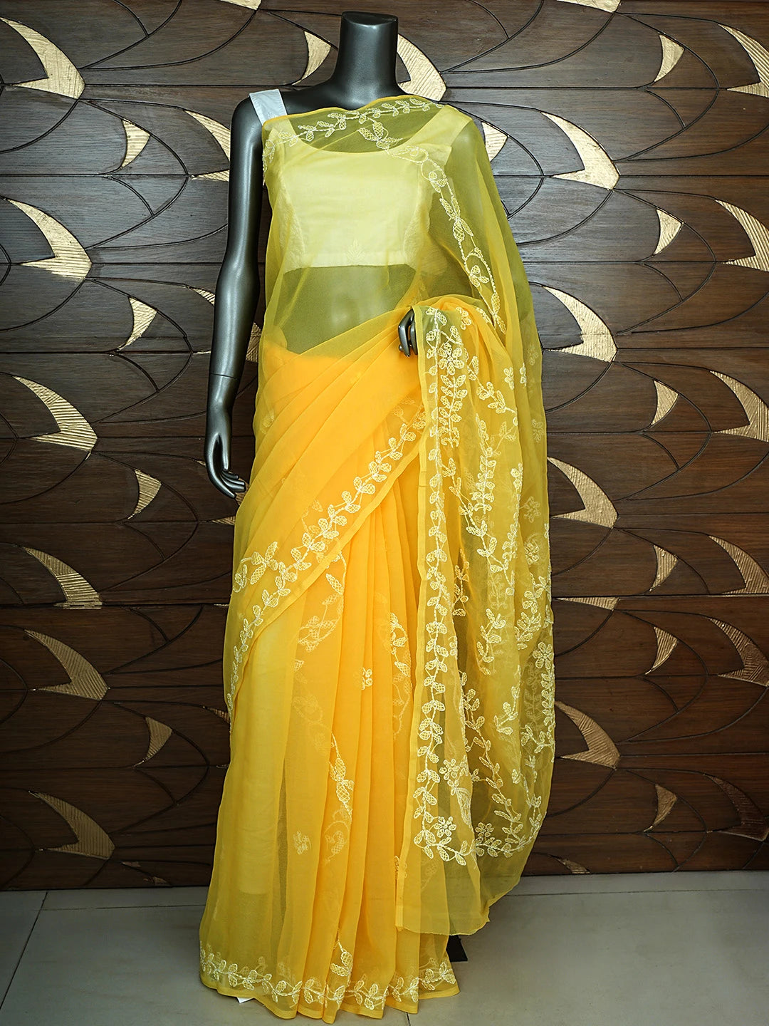 Ada Hand Embroidered Yellow Georgette Lucknowi Chikankari Saree and Blouse 01A916535