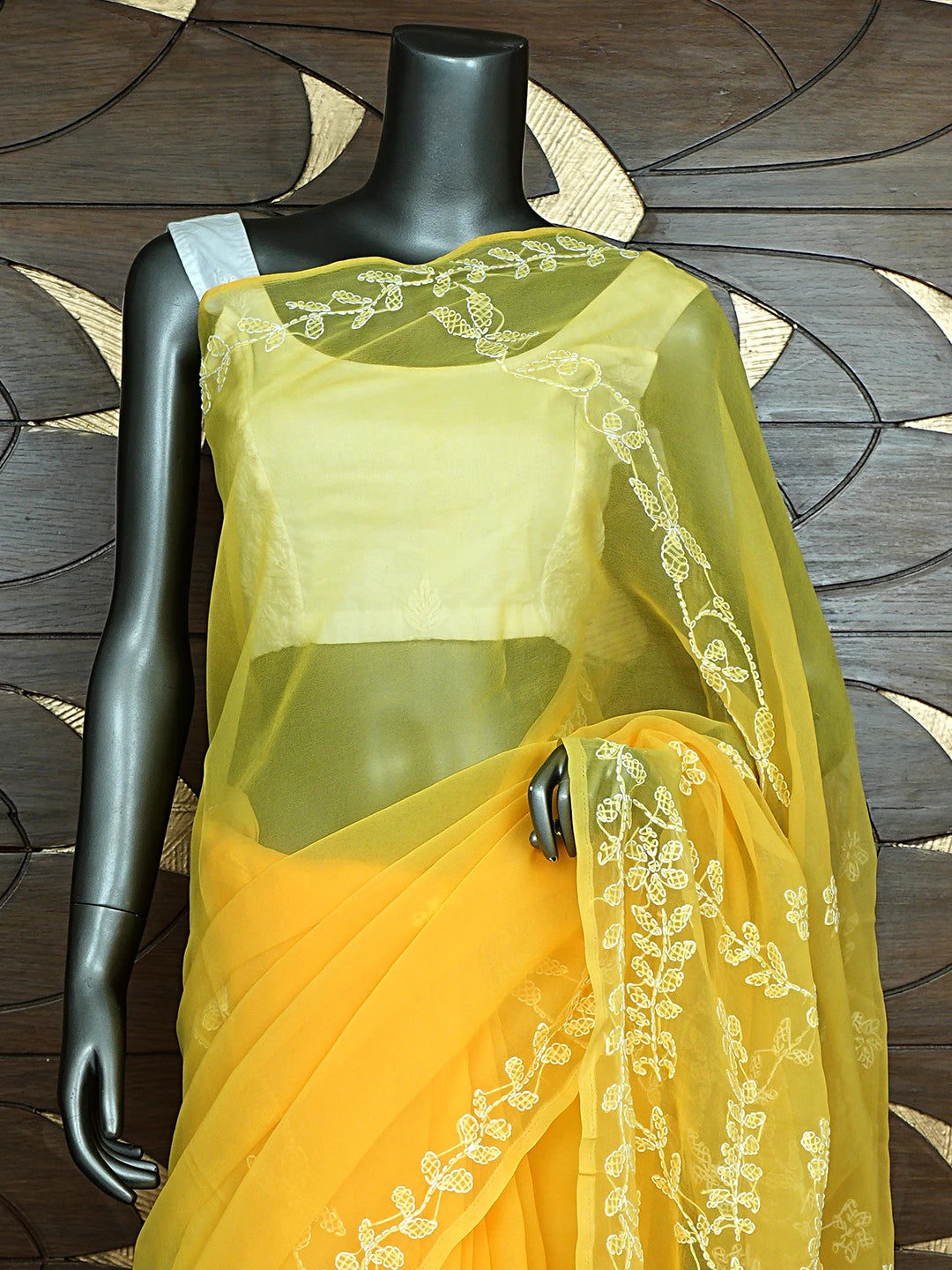 Ada Hand Embroidered Yellow Georgette Lucknowi Chikankari Saree and Blouse 01A916535