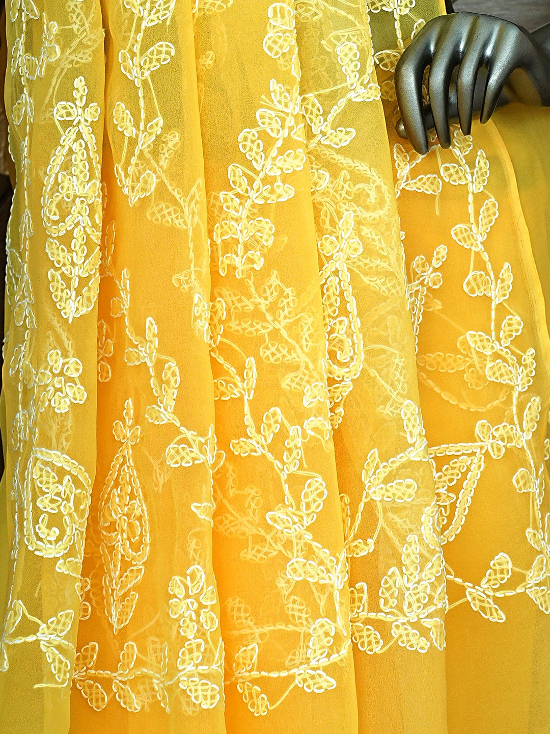 Ada Hand Embroidered Yellow Georgette Lucknowi Chikankari Saree and Blouse 01A916535