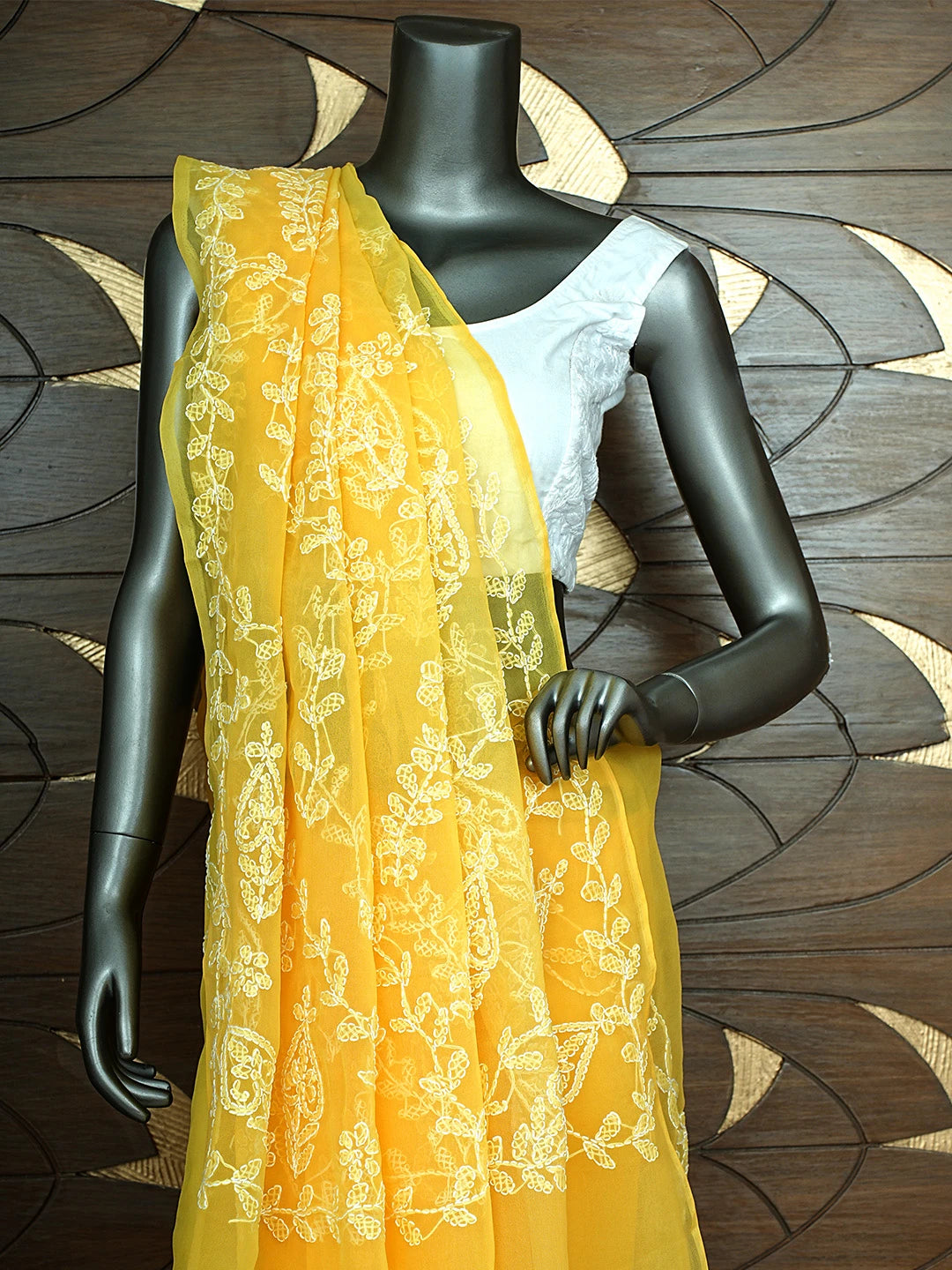 Ada Hand Embroidered Yellow Georgette Lucknowi Chikankari Saree and Blouse 01A916535