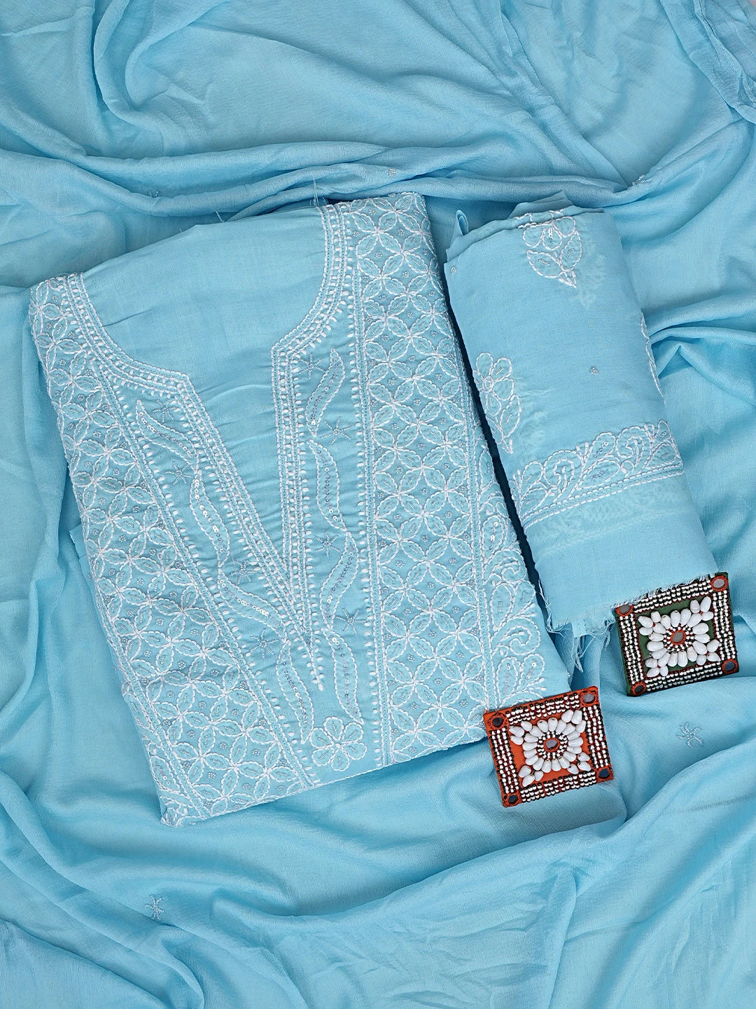 Ada Hand Embroidered Blue Cotton Lucknowi Chikankari Unstitched Suit Piece with Chiffon Dupatta With Cutdana Work 01A751959