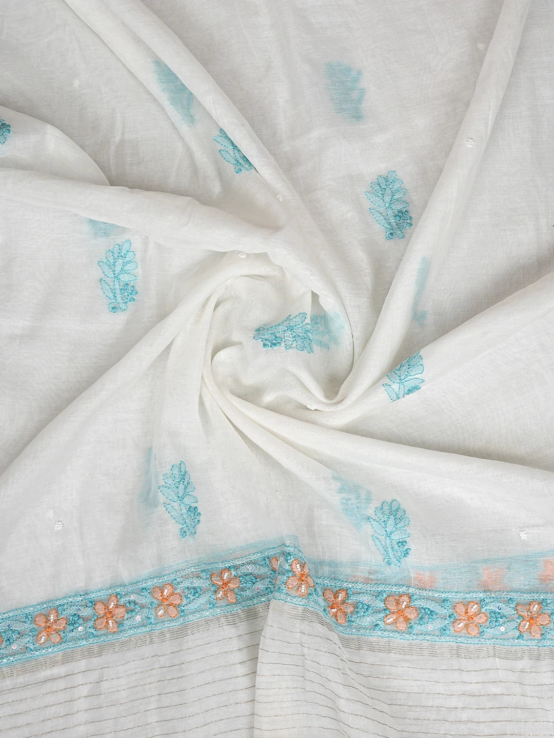 Ada Hand Embroidered White Old Lace Chanderi Lucknowi Chikankari Unstitched Kurta Dupatta Set With Pearl Work 01A897638