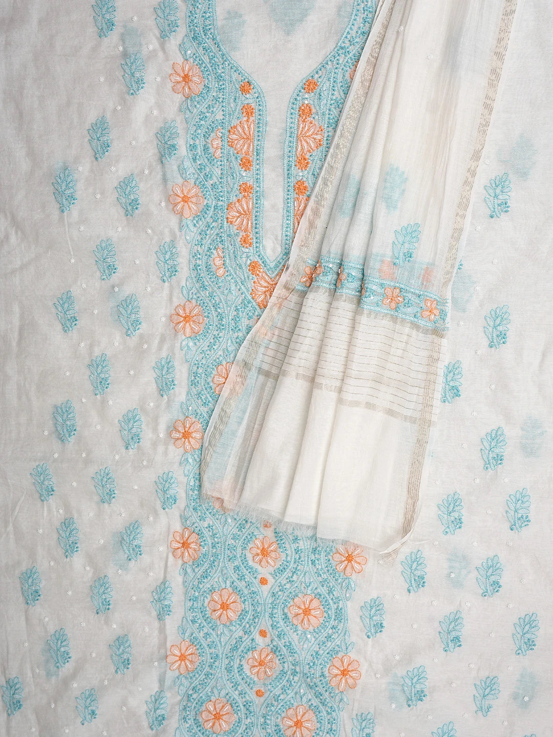 Ada Hand Embroidered White Old Lace Chanderi Lucknowi Chikankari Unstitched Kurta Dupatta Set With Pearl Work 01A897638