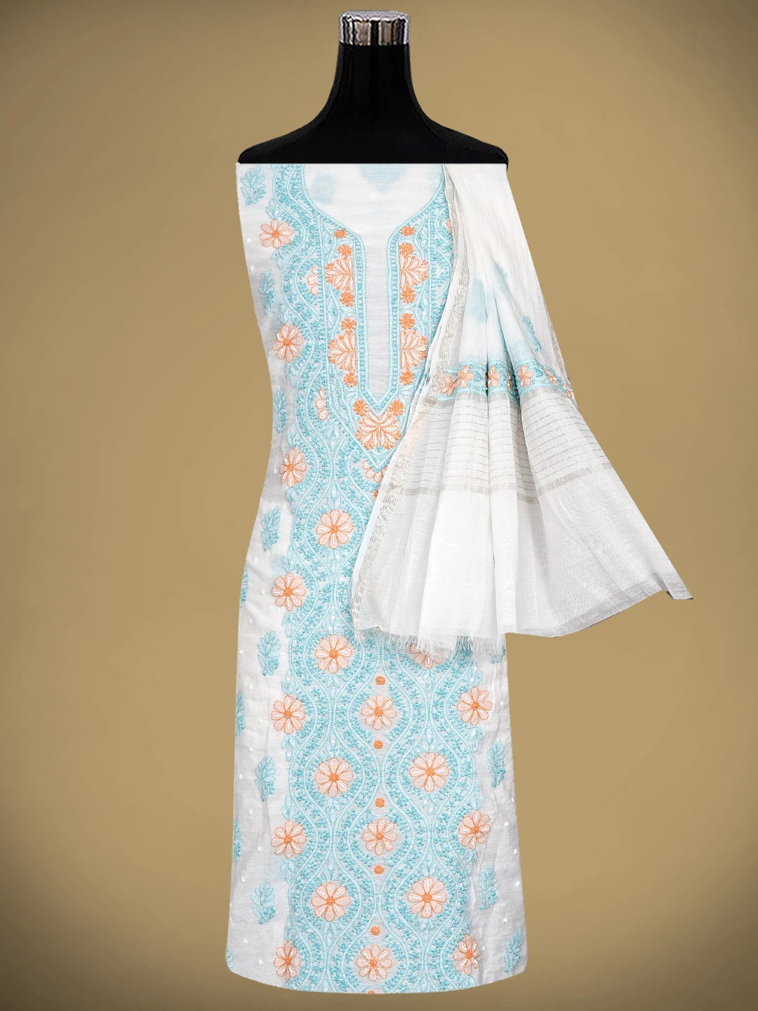 Ada Hand Embroidered White Old Lace Chanderi Lucknowi Chikankari Unstitched Kurta Dupatta Set With Pearl Work 01A897638