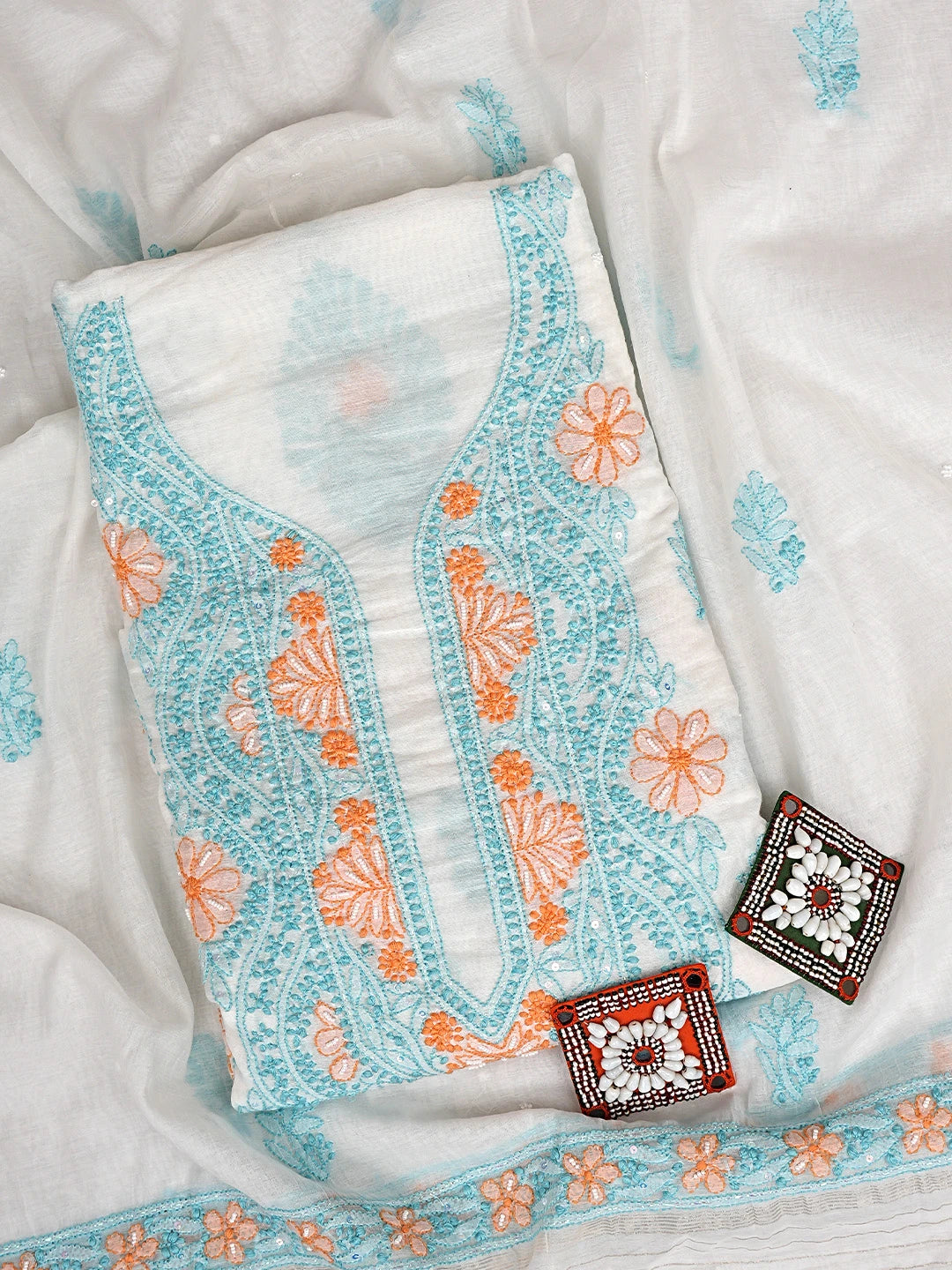 Ada Hand Embroidered White Old Lace Chanderi Lucknowi Chikankari Unstitched Kurta Dupatta Set With Pearl Work 01A897638