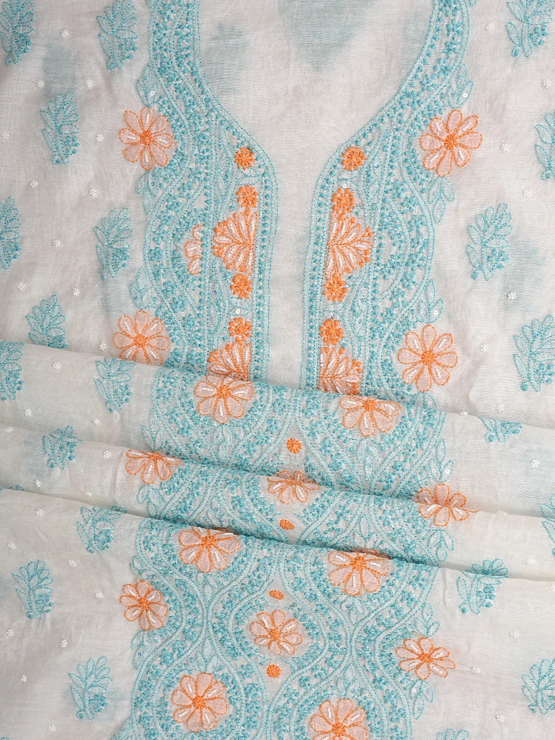 Ada Hand Embroidered White Old Lace Chanderi Lucknowi Chikankari Unstitched Kurta Dupatta Set With Pearl Work 01A897638