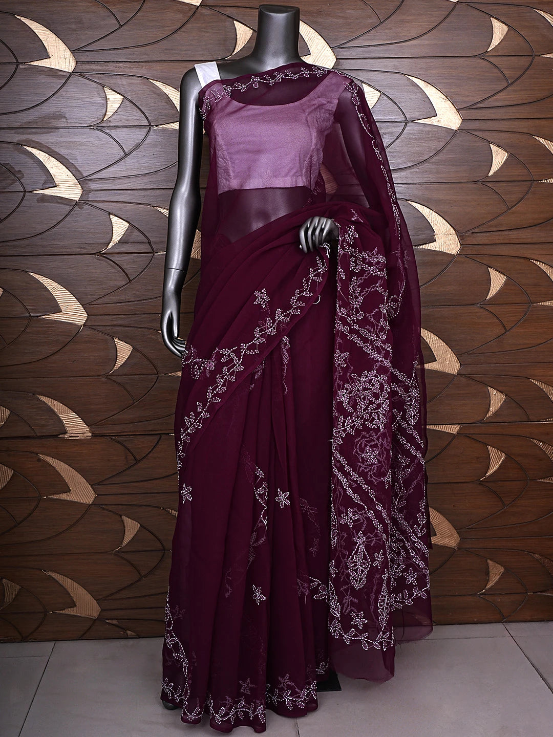 Ada Hand Embroidered Wine Georgette Lucknowi Chikankari Saree and Blouse 01A916537