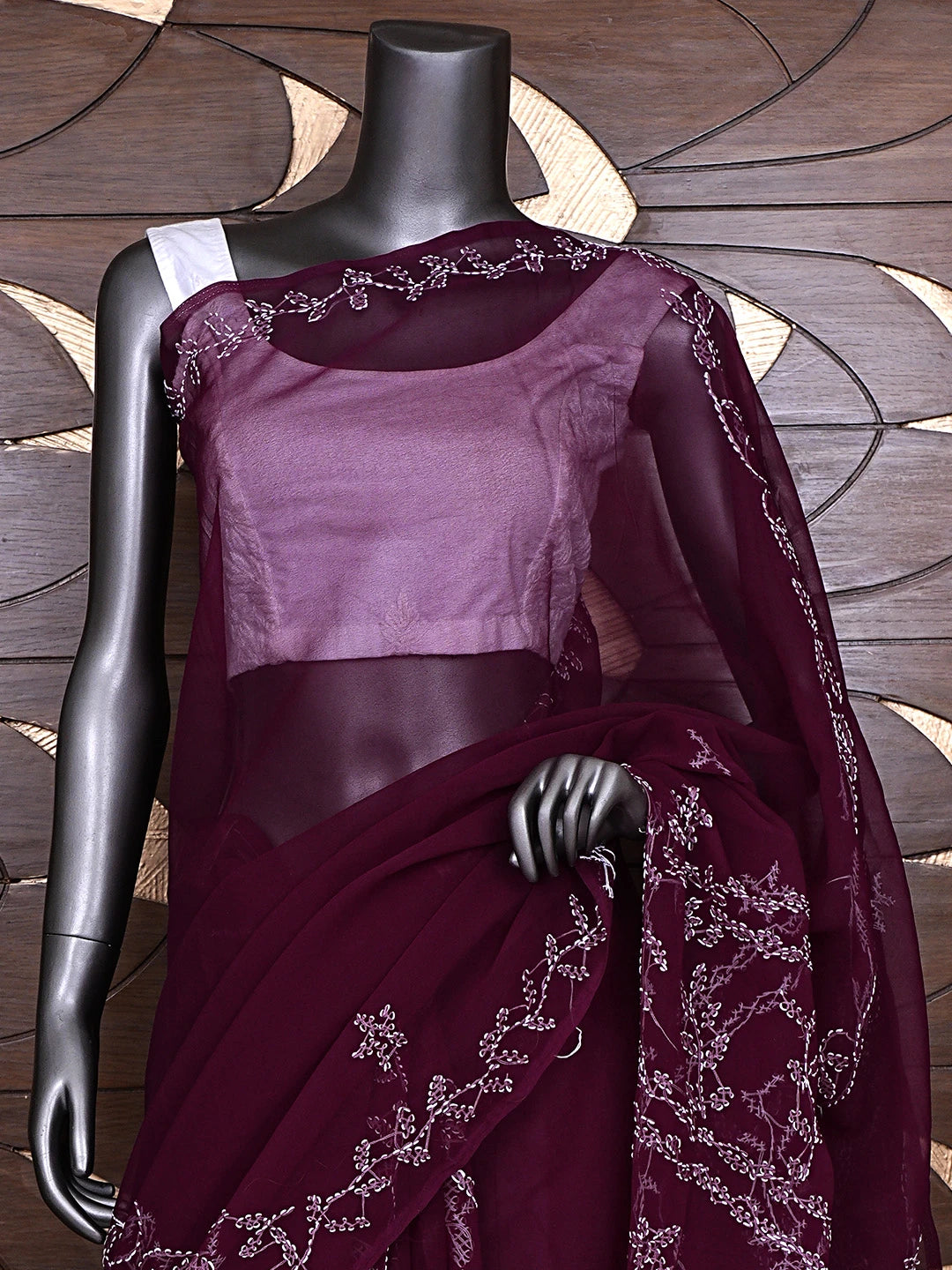 Ada Hand Embroidered Wine Georgette Lucknowi Chikankari Saree and Blouse 01A916537