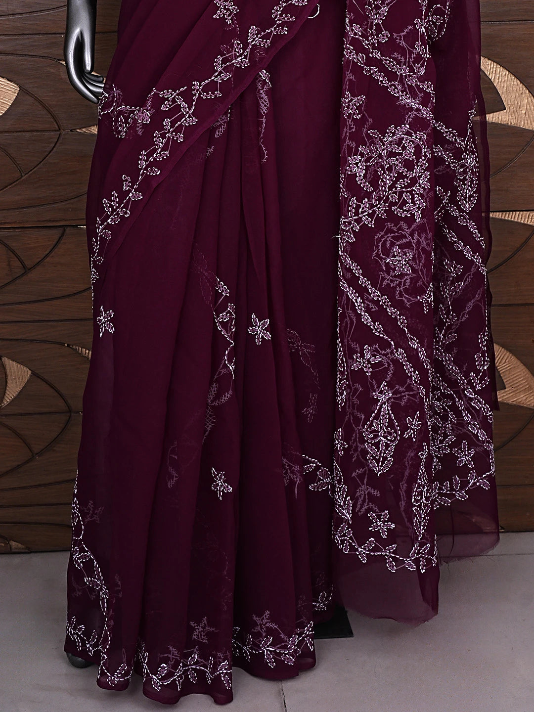 Ada Hand Embroidered Wine Georgette Lucknowi Chikankari Saree and Blouse 01A916537