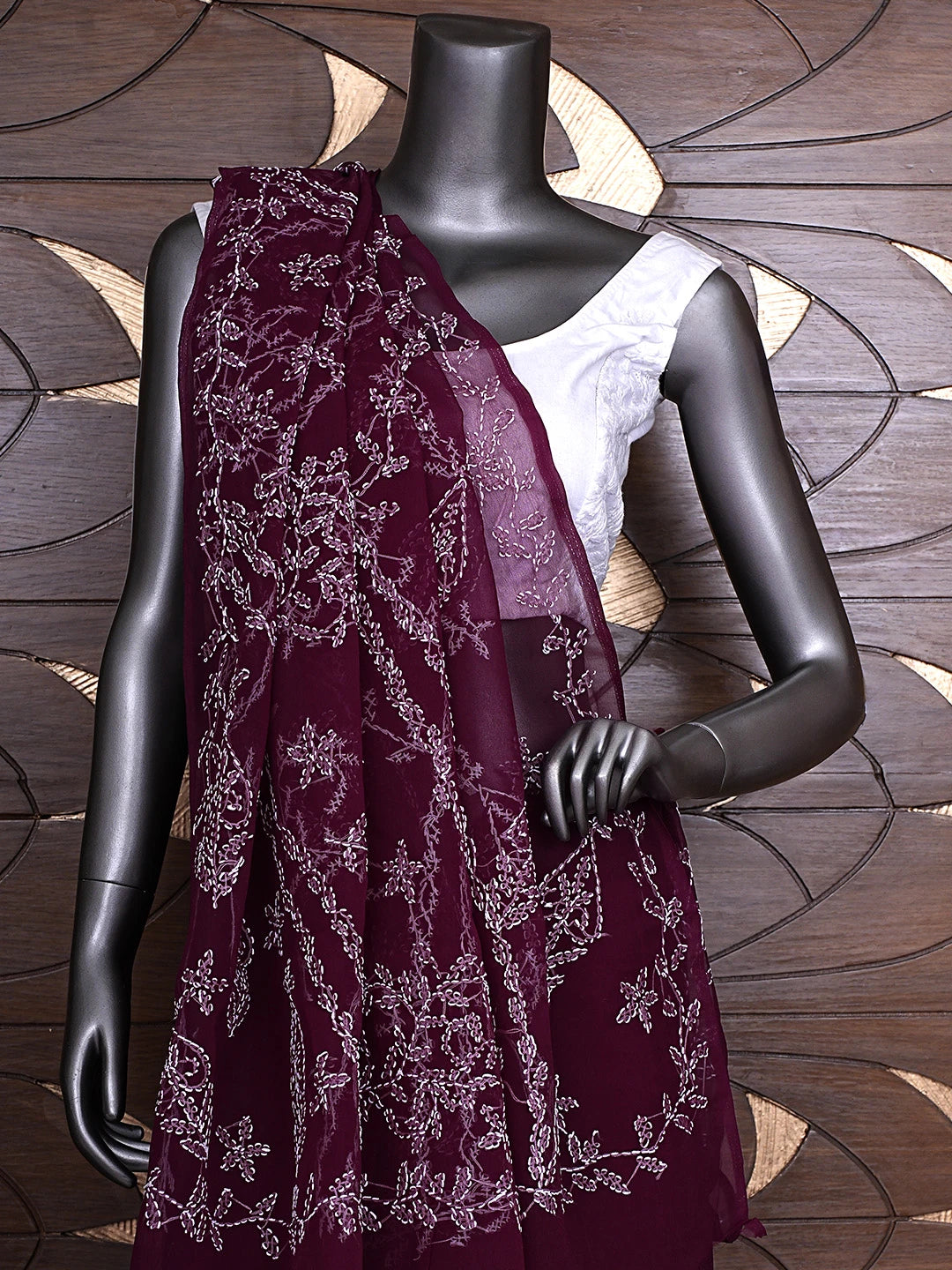 Ada Hand Embroidered Wine Georgette Lucknowi Chikankari Saree and Blouse 01A916537