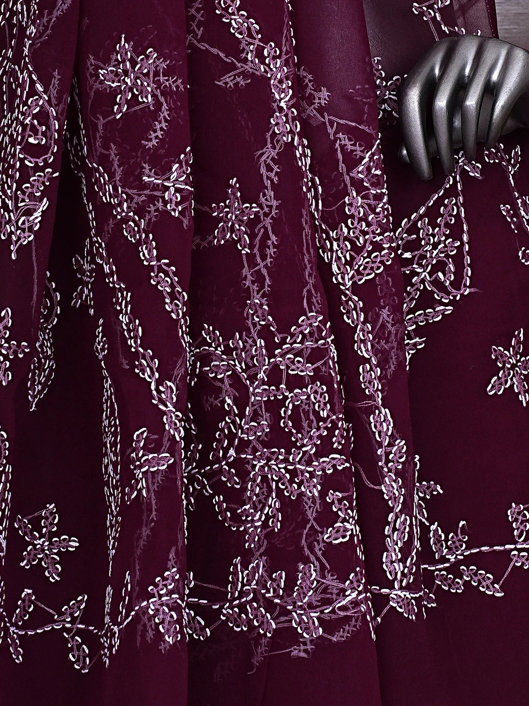 Ada Hand Embroidered Wine Georgette Lucknowi Chikankari Saree and Blouse 01A916537