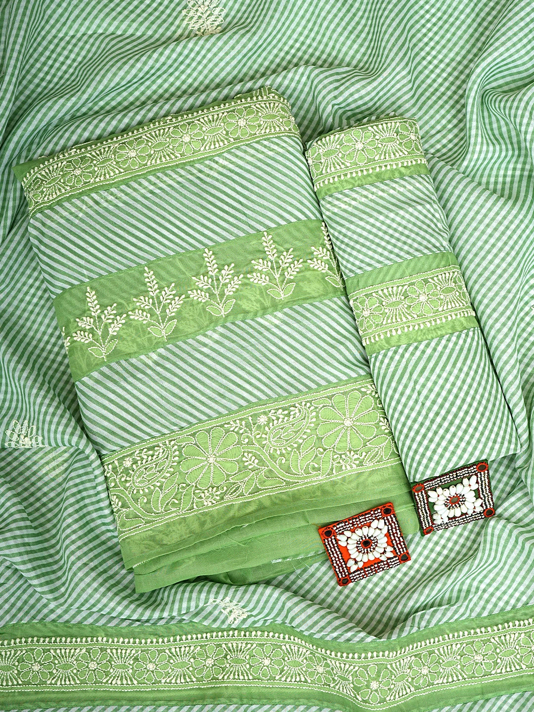 Ada Hand Embroidered Green Cotton Lucknowi Chikankari Unstitched Suit Piece 01A913819