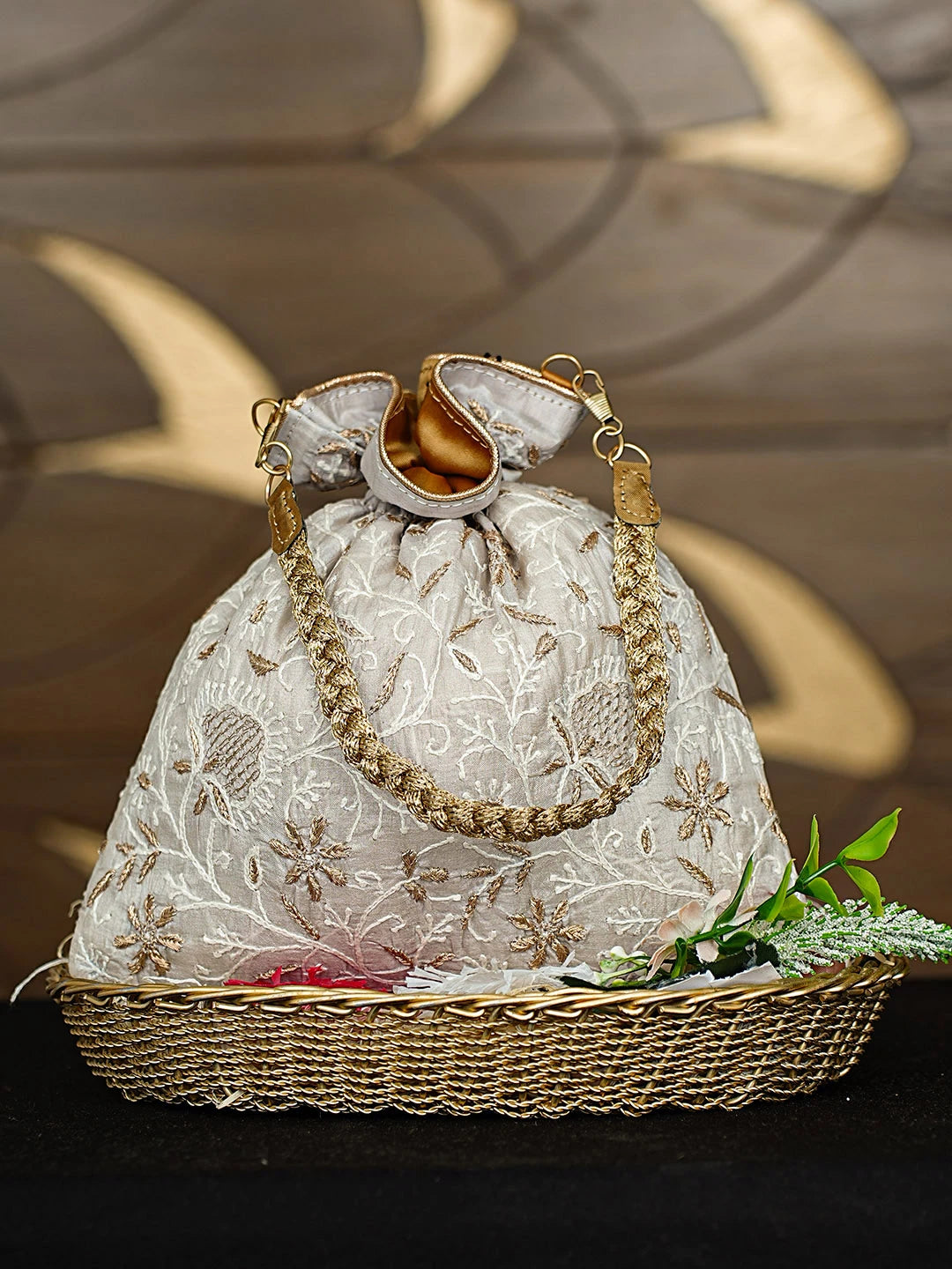 Ada Hand Embroidered Grey Silk Lucknowi Chikankari Potli Bag With Zari Work 01A908979
