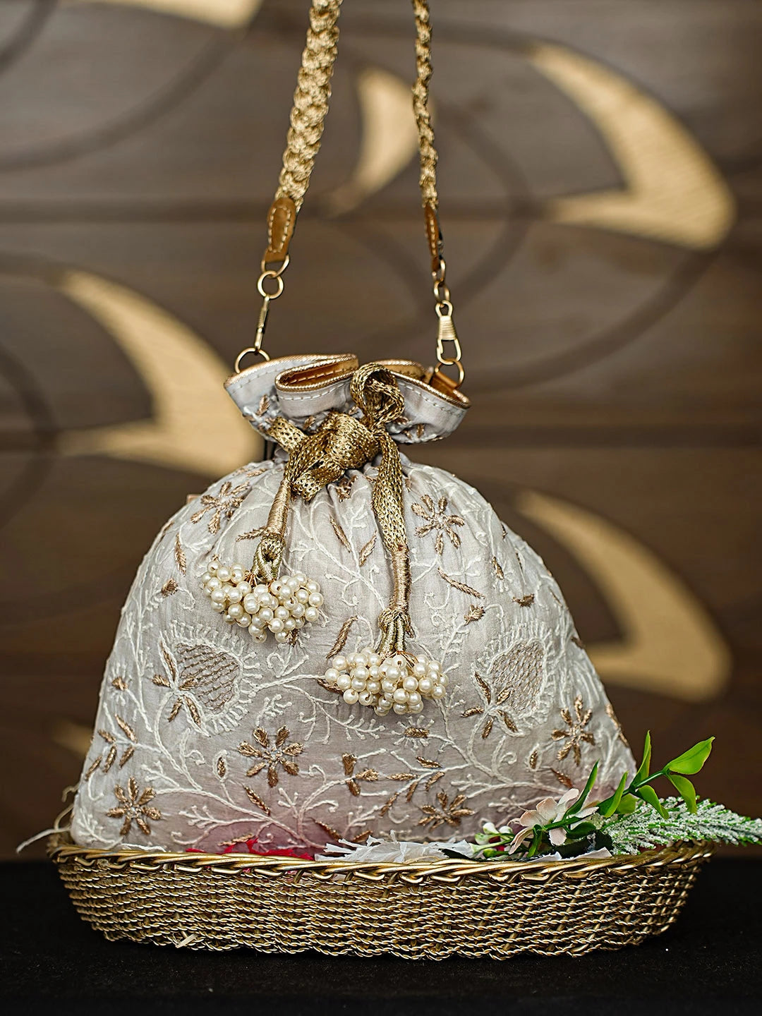 Ada Hand Embroidered Grey Silk Lucknowi Chikankari Potli Bag With Zari Work 01A908979