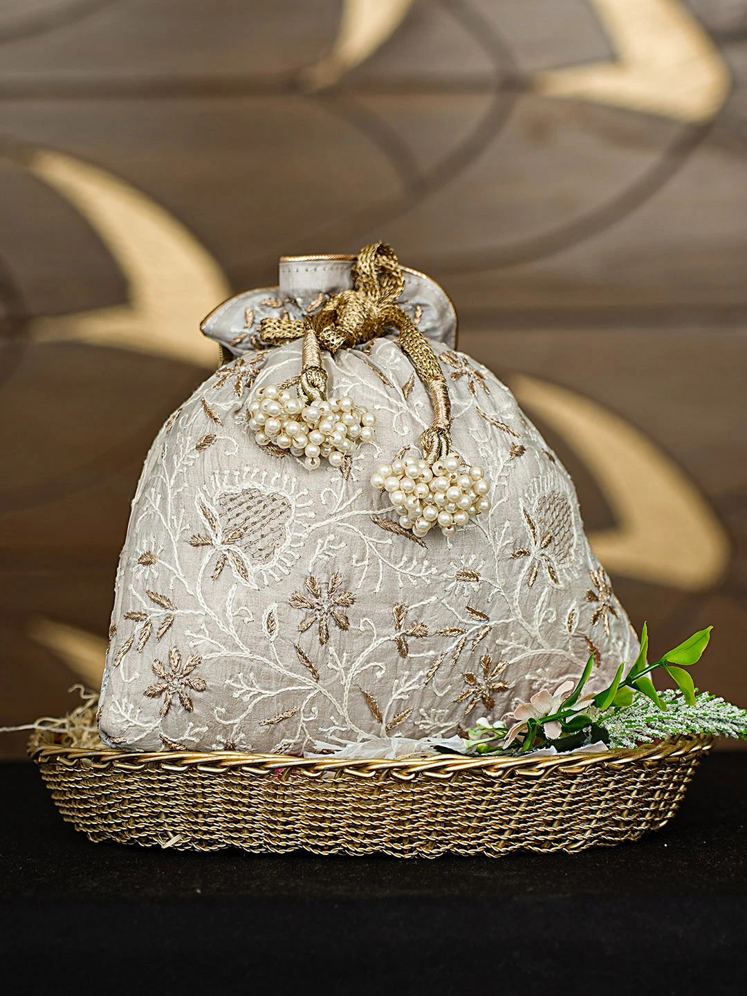Ada Hand Embroidered Grey Silk Lucknowi Chikankari Potli Bag With Zari Work 01A908979