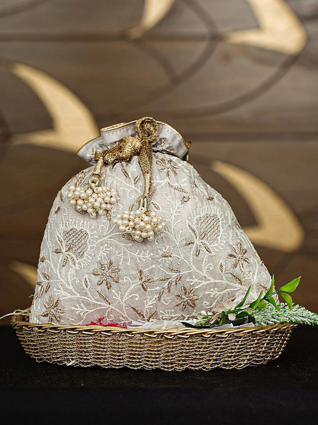 Ada Hand Embroidered Grey Silk Lucknowi Chikankari Potli Bag With Zari Work 01A908979