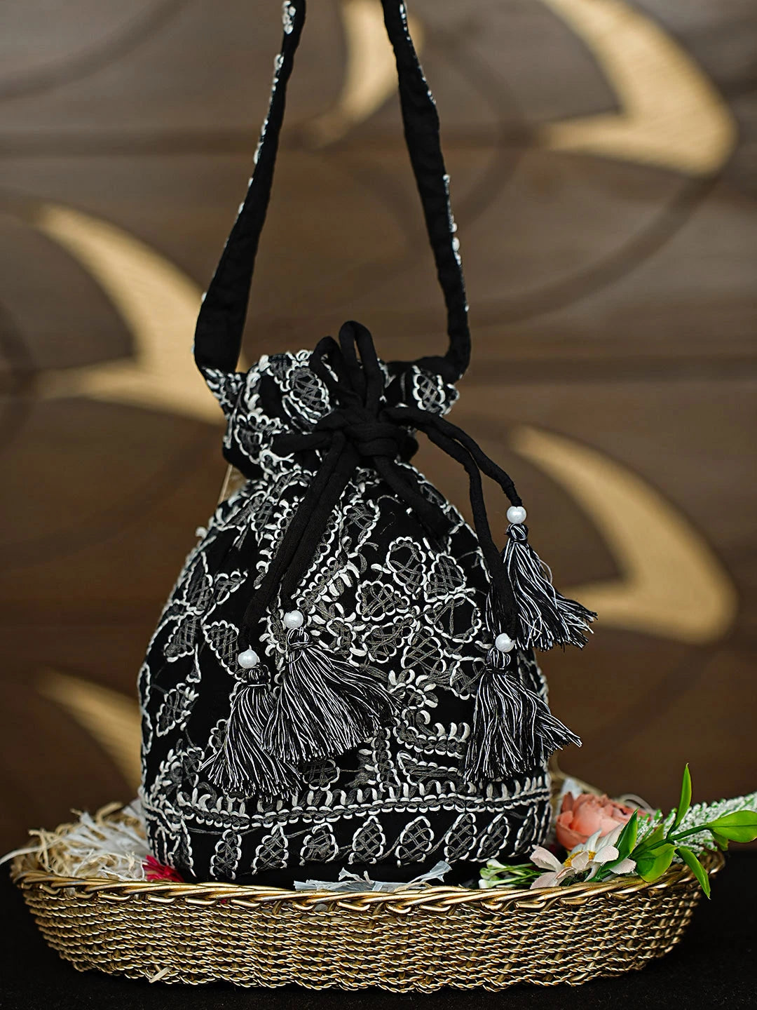 Ada Hand Embroidered Black Viscose Georgette Lucknowi Chikankari Potli Bag 01A916365