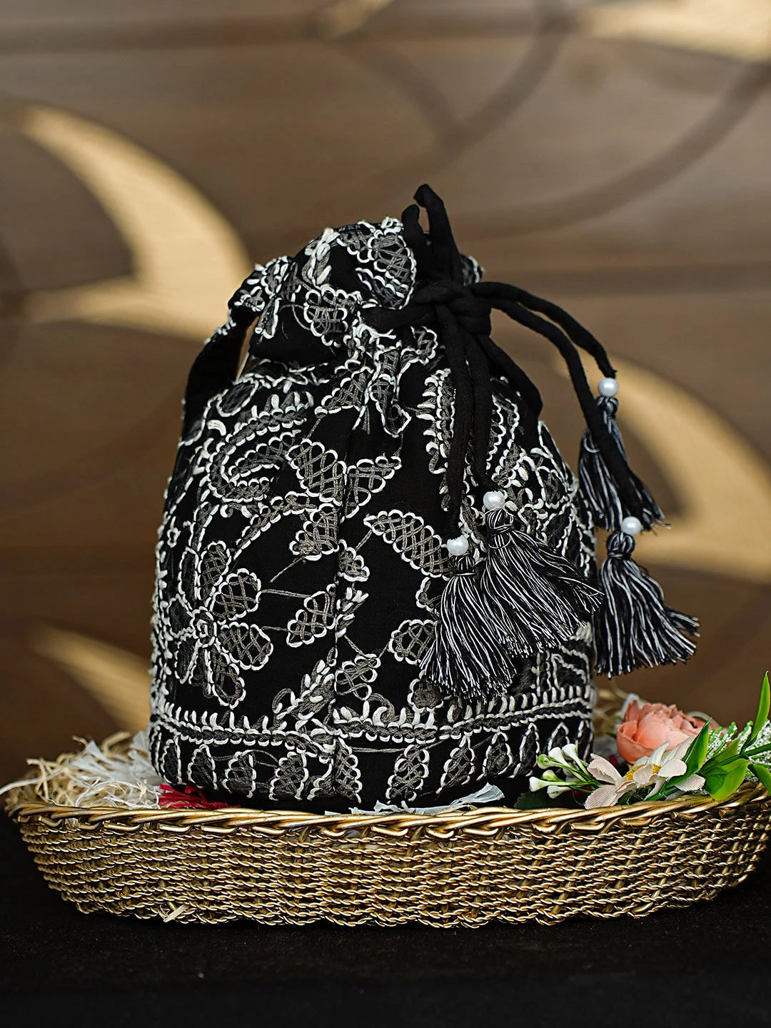 Ada Hand Embroidered Black Viscose Georgette Lucknowi Chikankari Potli Bag 01A916365