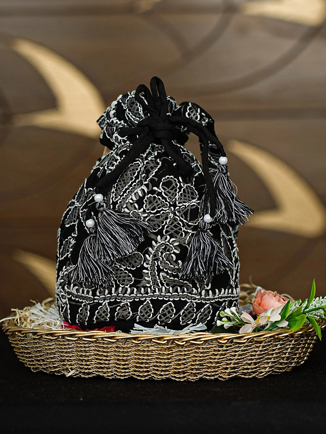 Ada Hand Embroidered Black Viscose Georgette Lucknowi Chikankari Potli Bag 01A916365