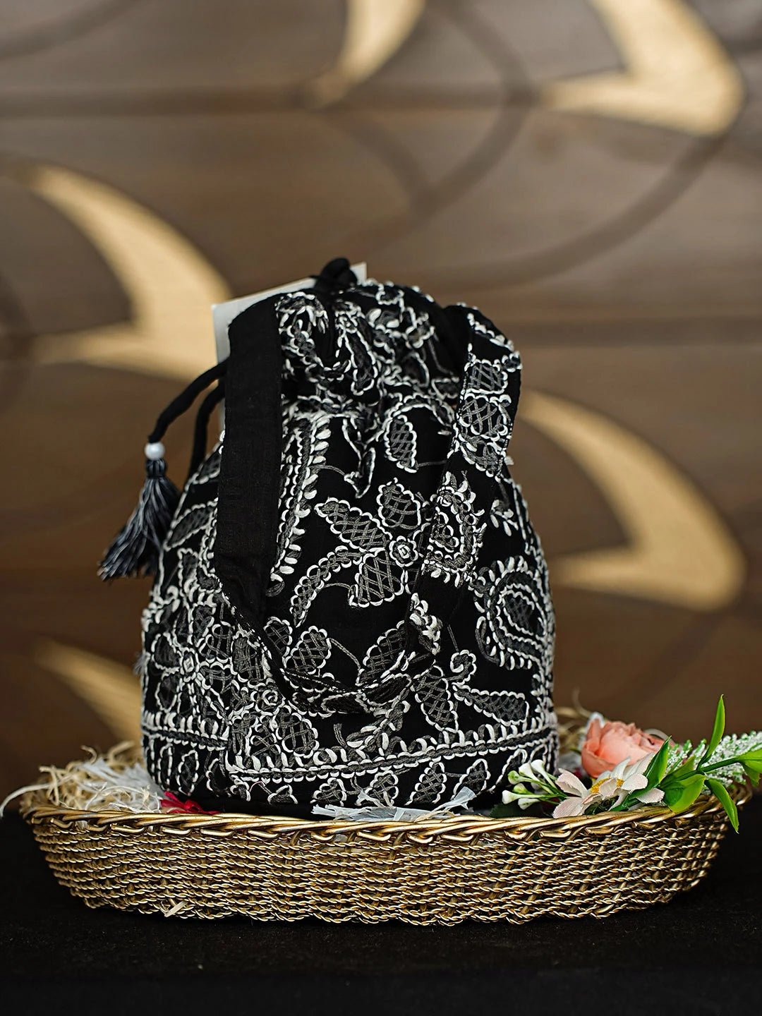 Ada Hand Embroidered Black Viscose Georgette Lucknowi Chikankari Potli Bag 01A916365