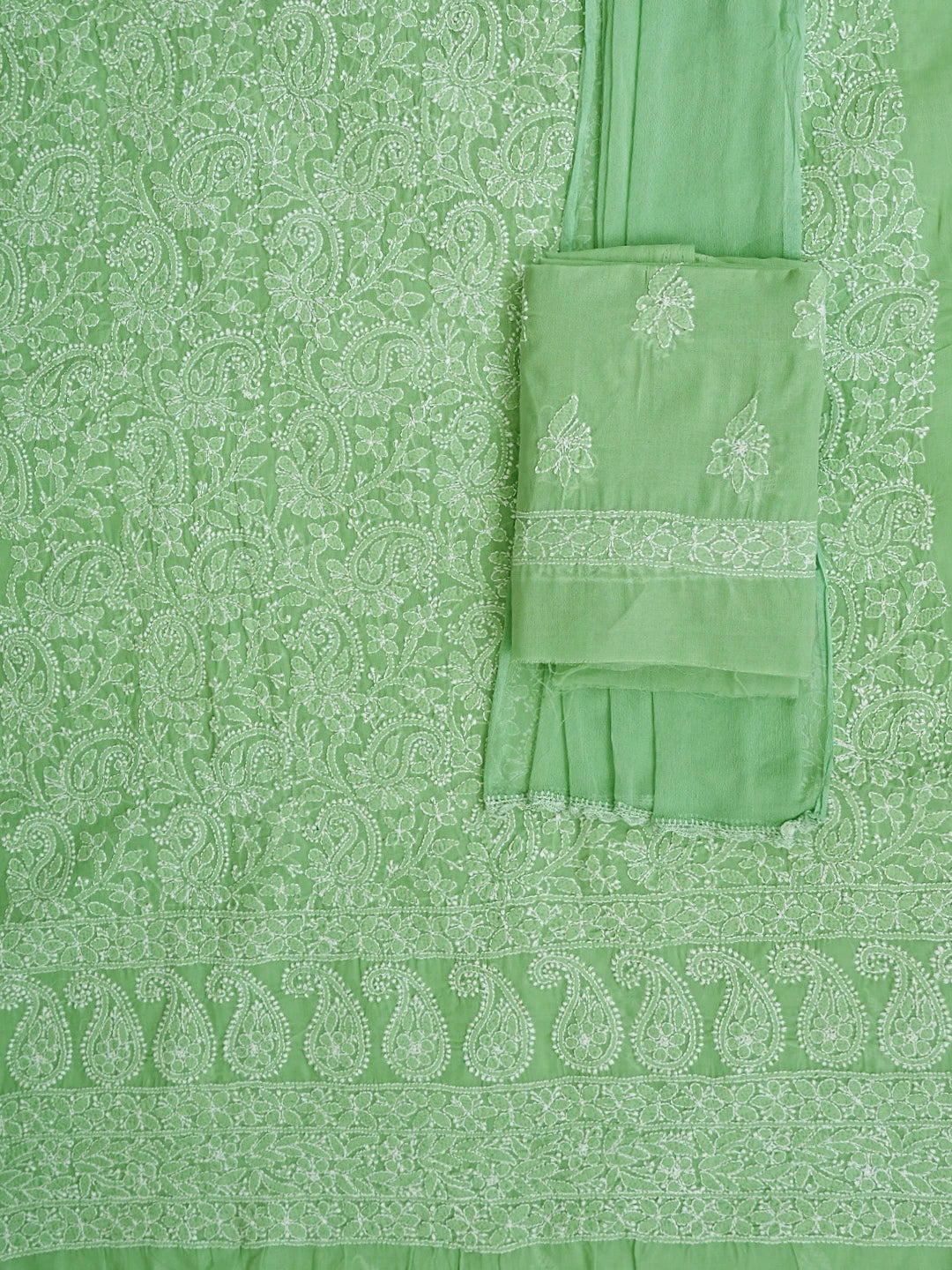 Ada Hand Embroidered Celadon Green Cotton Lucknowi Chikankari Unstitched Suit Piece 01A910846