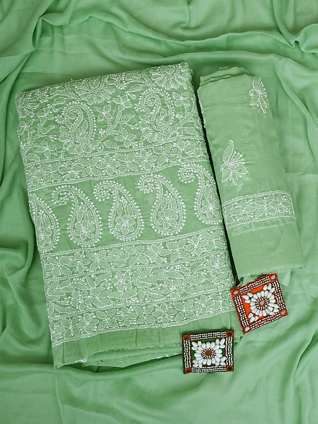 Ada Hand Embroidered Celadon Green Cotton Lucknowi Chikankari Unstitched Suit Piece 01A910846