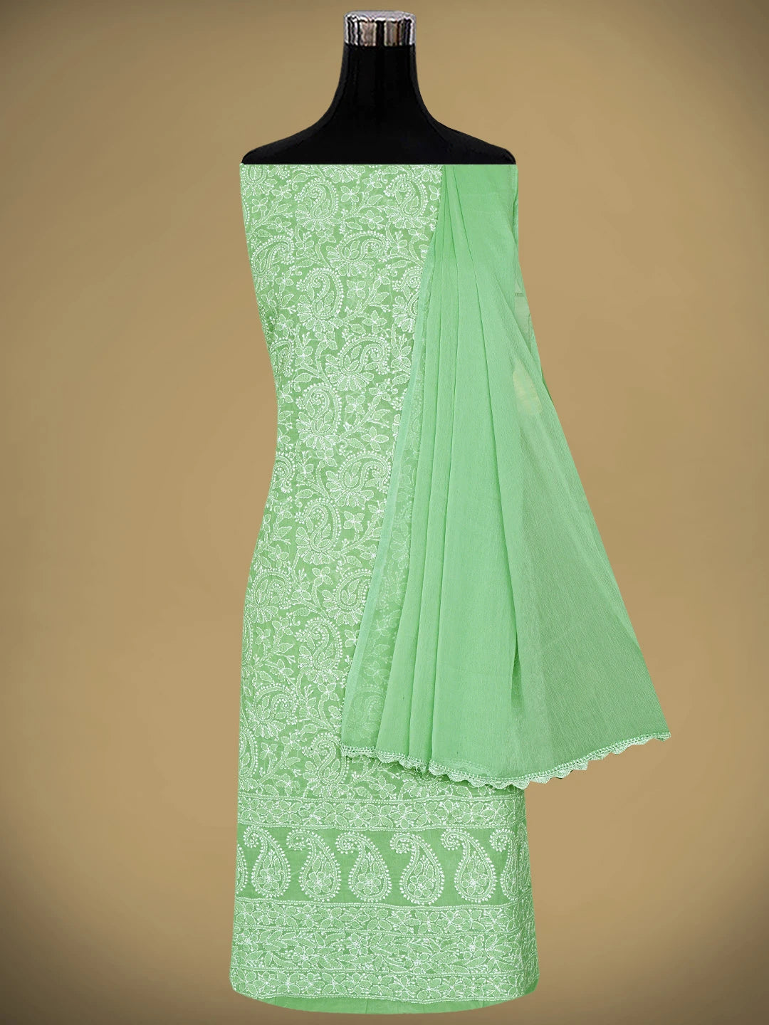 Ada Hand Embroidered Celadon Green Cotton Lucknowi Chikankari Unstitched Suit Piece 01A910846