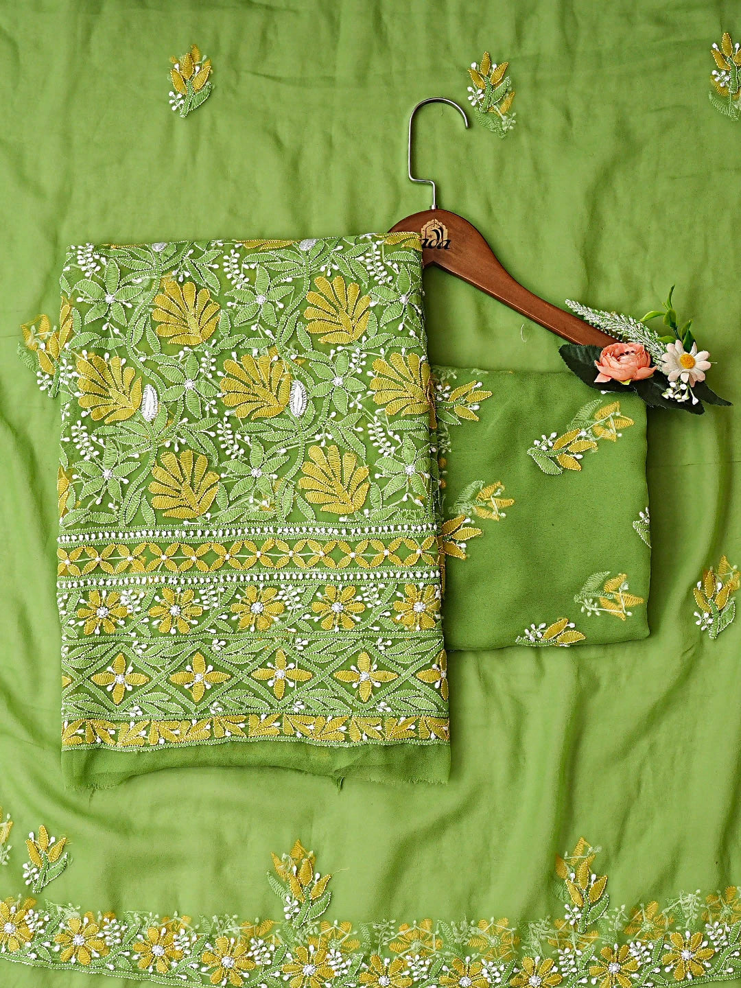 Ada Hand Embroidered Green Georgette Lucknowi Chikankari Unstitched Suit Piece 01A896010
