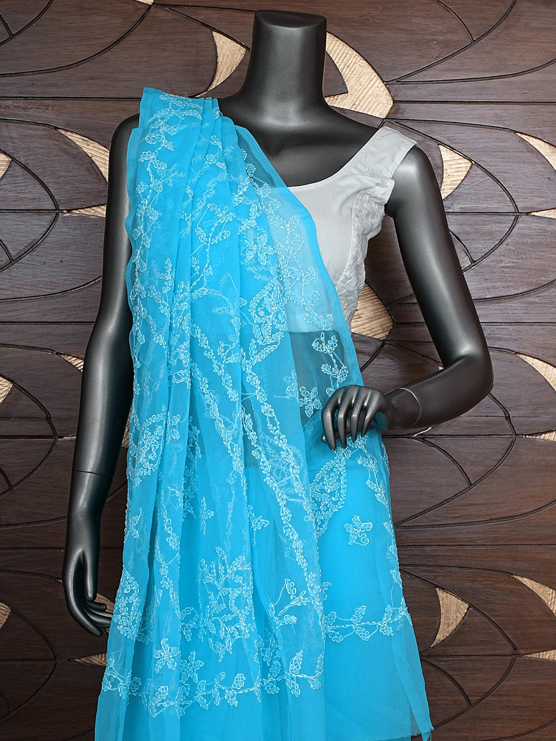 Ada Hand Embroidered Blue Georgette Lucknowi Chikankari Saree and Blouse 01A916541
