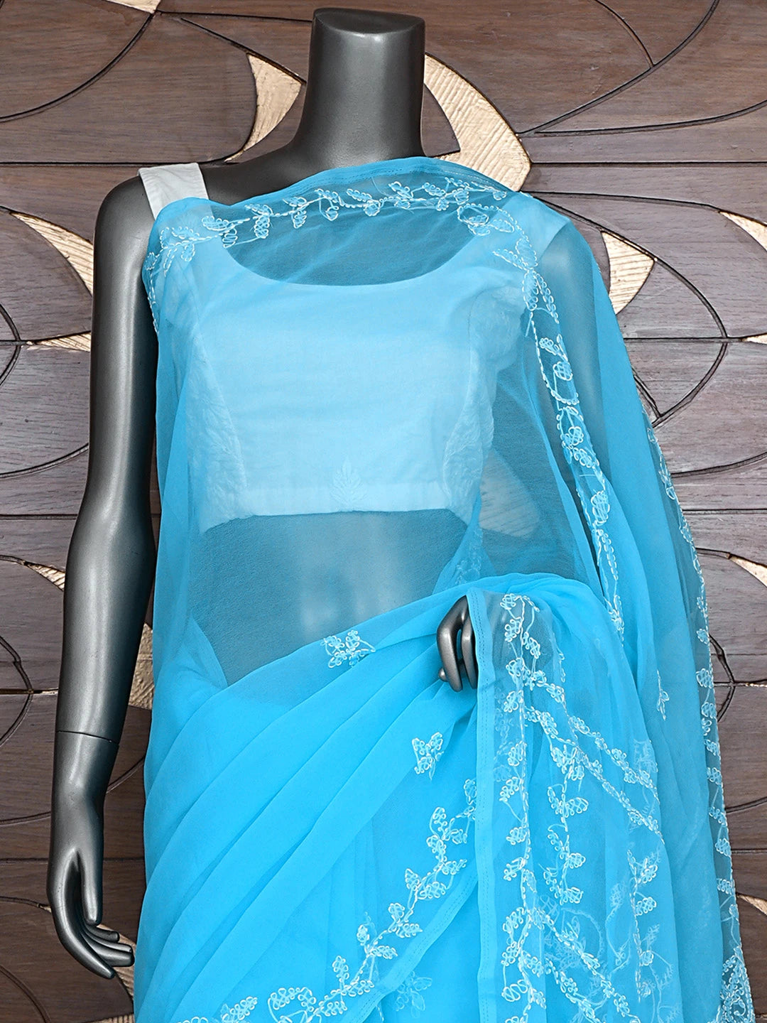 Ada Hand Embroidered Blue Georgette Lucknowi Chikankari Saree and Blouse 01A916541