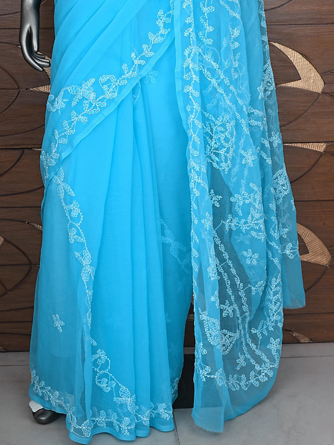 Ada Hand Embroidered Blue Georgette Lucknowi Chikankari Saree and Blouse 01A916541