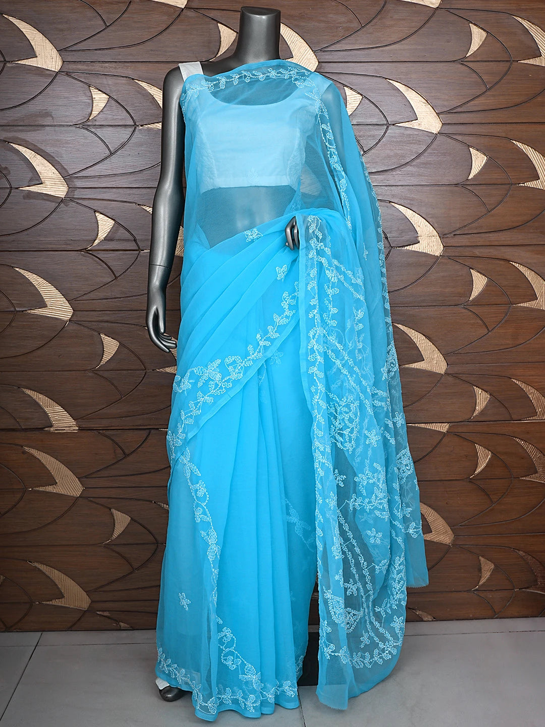 Ada Hand Embroidered Blue Georgette Lucknowi Chikankari Saree and Blouse 01A916541