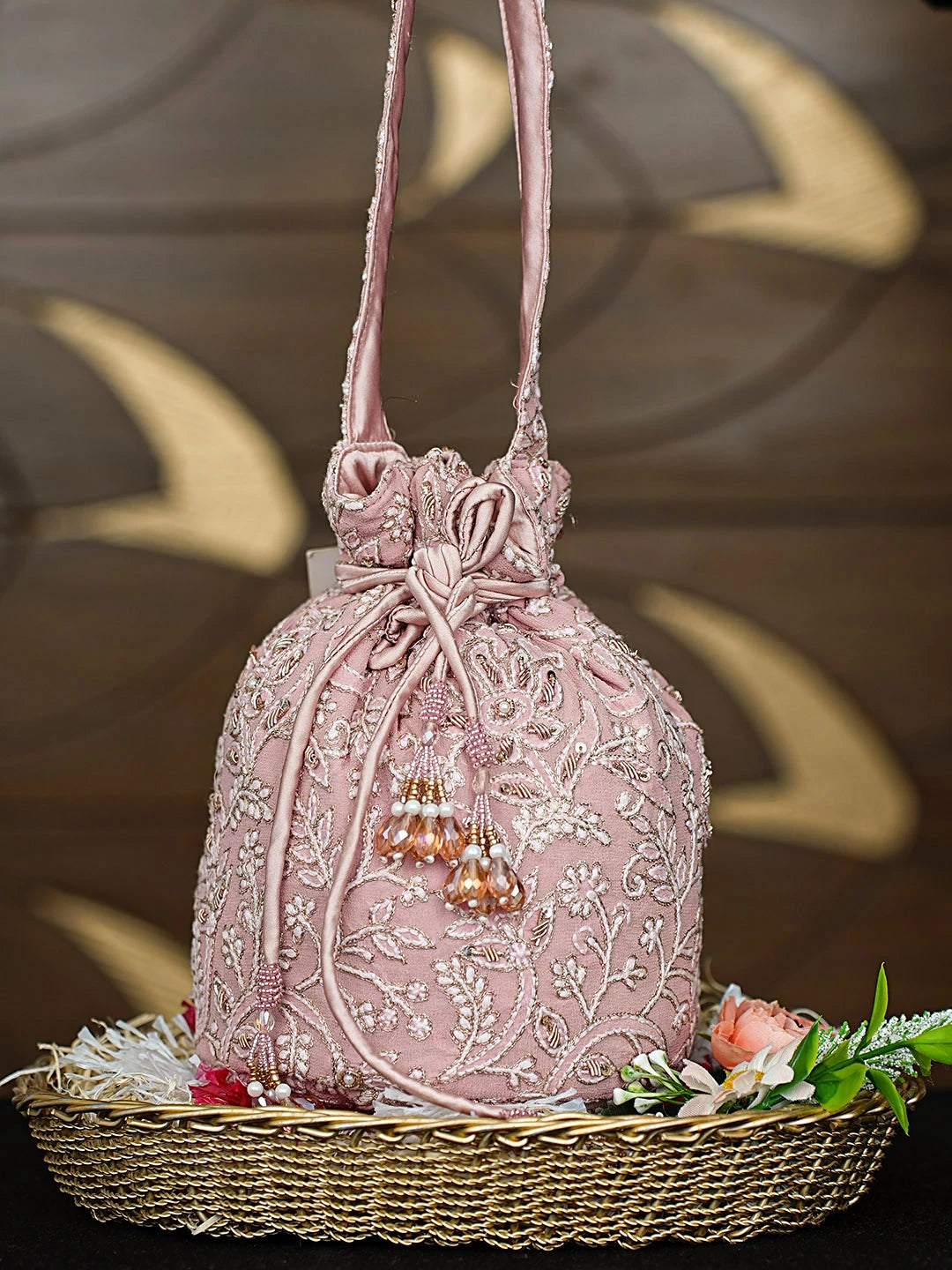 Ada Hand Embroidered Dusty Peach Pure Georgette Lucknowi Chikankari Potli Bag With Zari Work 01A912947